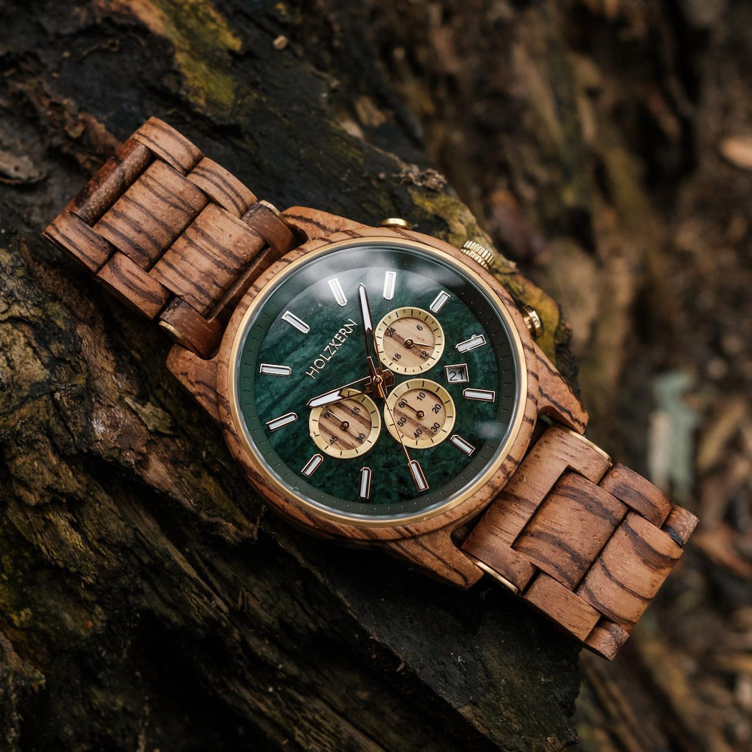 Holzkern Quarzuhr 9010631016371, Herrenuhr Chronograph Blätterdach Zebrano/Marmor