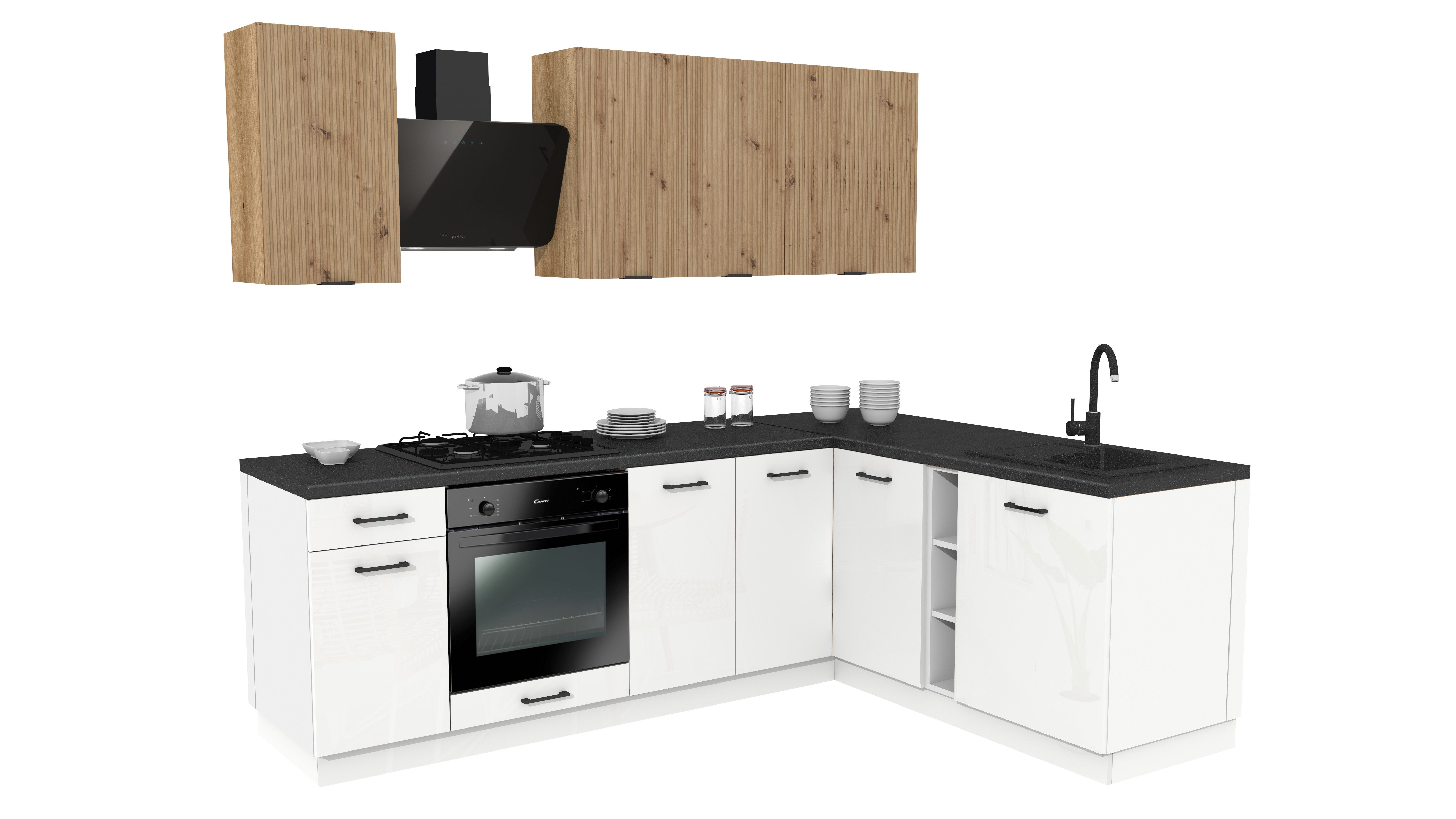 ROYAL24_MARKT Winkelküche - SIMPLY Z15 - Eiche Rille / Weiß Hochglanz, (Komplett Set), Zeitlos - Exklusiv - Top Qualität