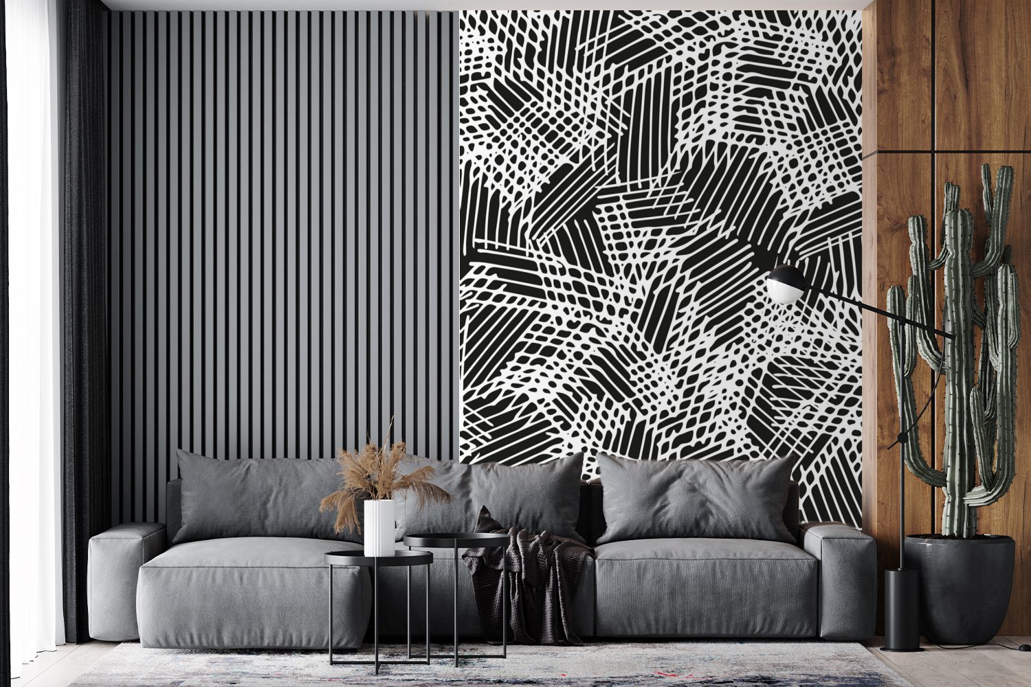Weiß Einfarbig Schwarz Wohnzimmer, für Montagefertig Matt, Fototapete Tapete Wandtapete bedruckt, Vinyl MuchoWow Gemustert, (3 - St), - -