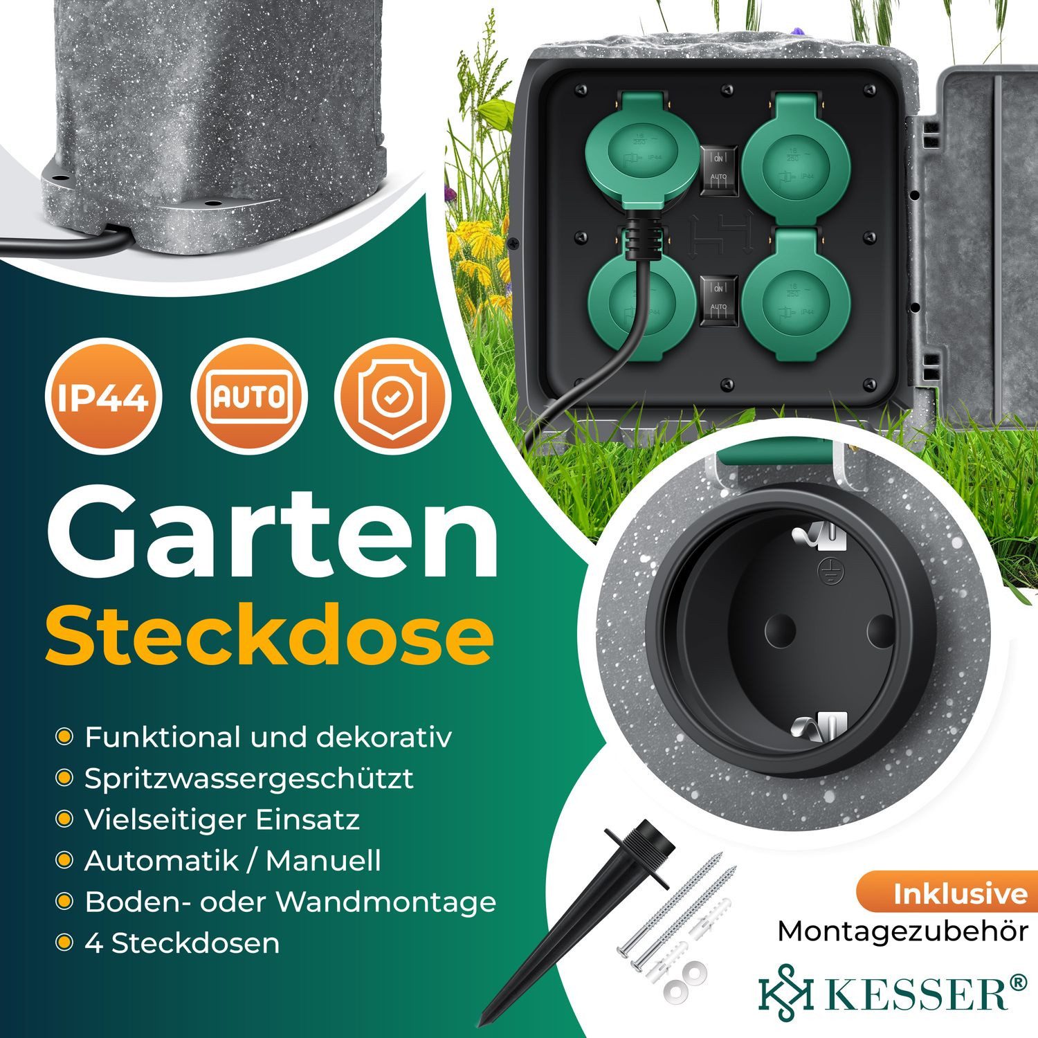 Thumbnail - KESSER Gartensteckdose, Gartensteckdose Steinoptik mit Steckplätzen Inkl.Erdspieß