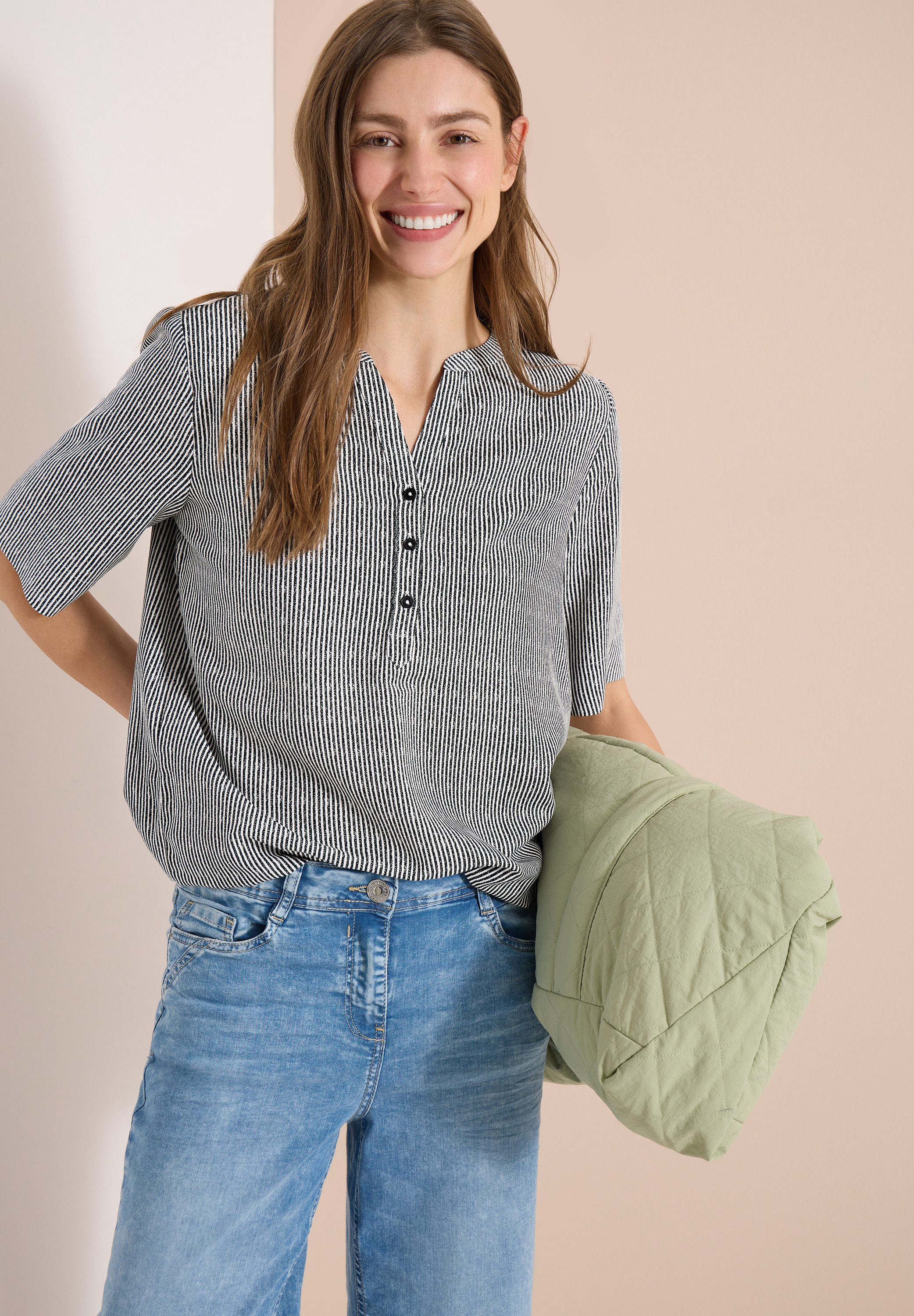 CECIL Kurzarmbluse Sommerbluse mit Split Neck und Streifen