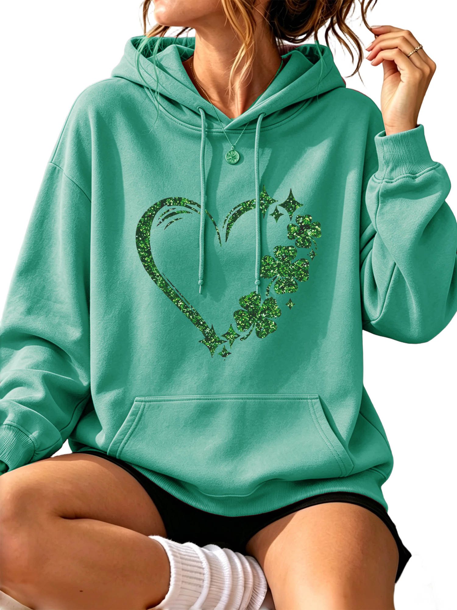 PYLIKE Hoodie Oversized Print Damen Kapuzenpullover mit großer Tasche: