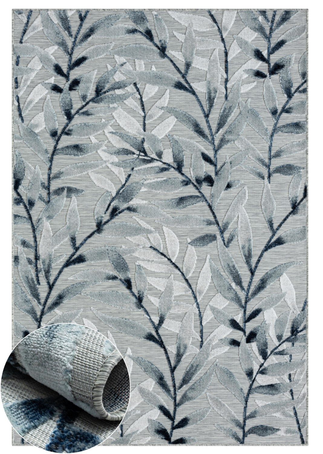 Wohnando Teppich MY-RUG Outdoor-Teppich "Laurel II" 160x100 cm, grau, rechteckig, Höhe: 8 mm, mit floralem Hoch-Tief-Design, für draußen