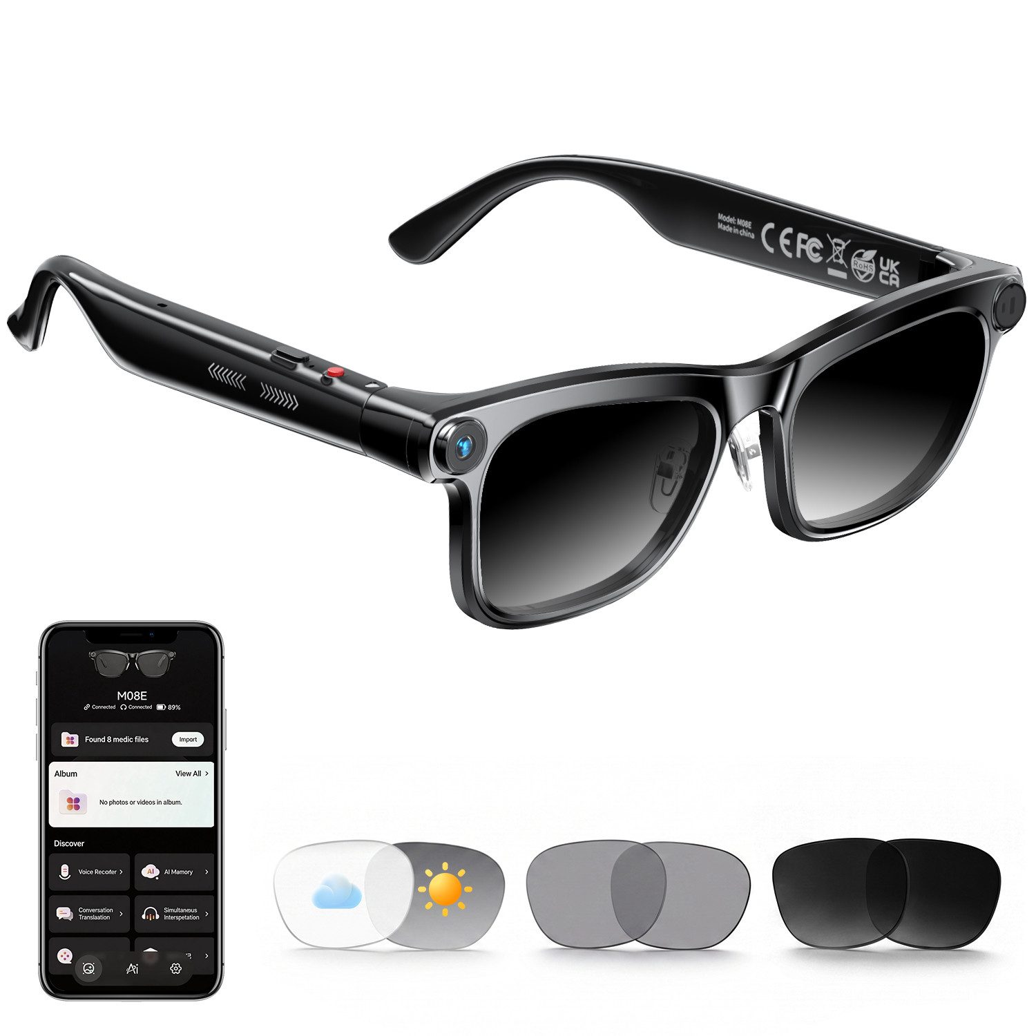 KAIGEER LED-Brille AI Smart Glasses mit 13MP Kamera, Echtzeitübersetzung, Sprachassistent (Videobrillen, 1-St., ideal für Alltag & Reisen) IPX4, Open Ear Audio, Wechselgläser,KI Smart Glasses für Männer Frauen