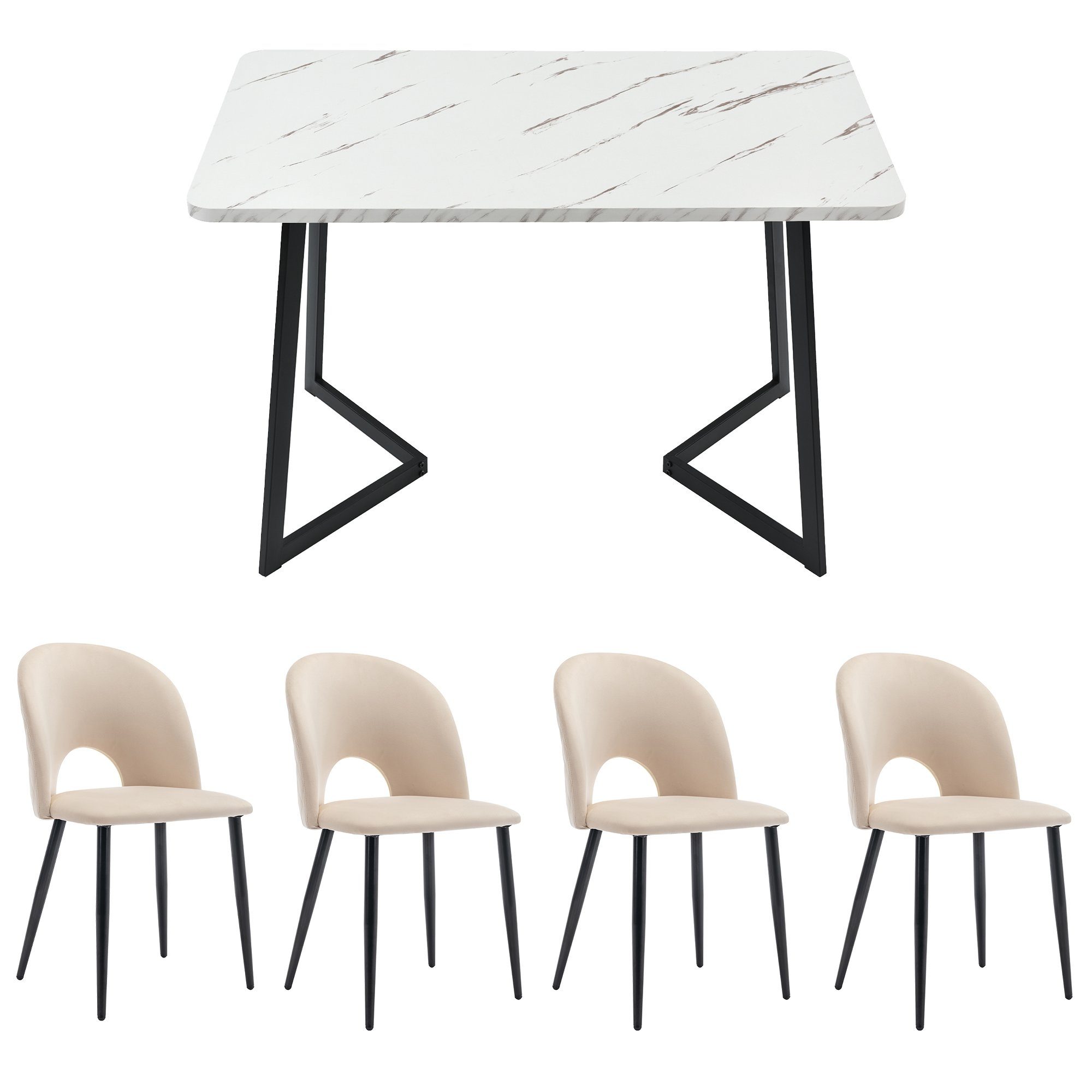 Essgruppe, (117x68 cm Küchentisch mit 4x Polsterstühlen), mit Diamantmuster, Verstellbare Stuhlbeine, Samt Esszimmerstuhl