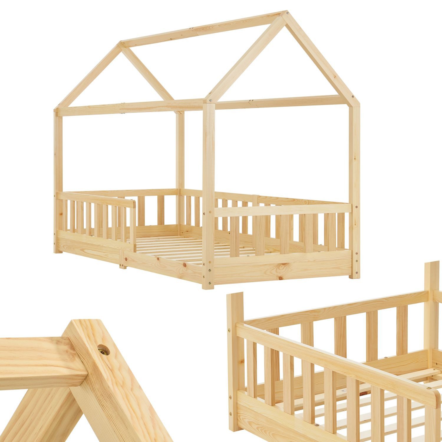 Juskys Kinderbett Marli, 90x200 cm, Hausoptik mit Dach, Holz, Rausfallschutz, 3 - 10 Jahren