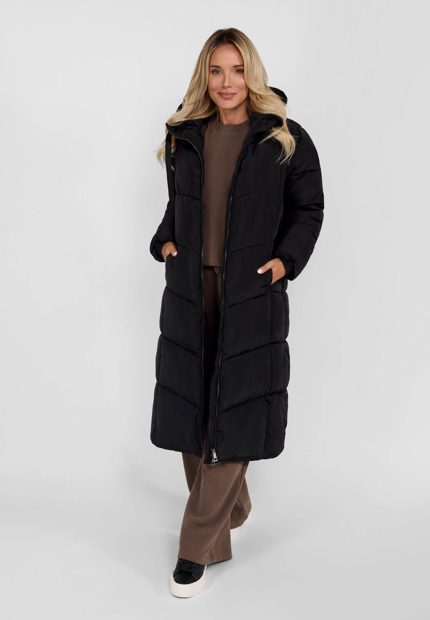 Winterjacke Lange gesteppte Winterjacke mit Kontrastreißverschluss (XS-XXL)