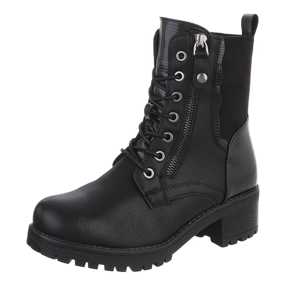 Ital-Design Damen Schnürstiefel mit Reißverschluss und Profilsohle Schnürstiefelette (92497672) Blockabsatz Stiefeletten in Schwarz