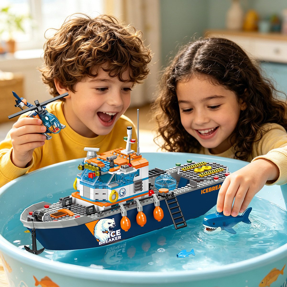 Hotmas Schwimmfähiges Ozean Forschungsboot Klemmbausteine Set Spielbausteine, (Set, 482 St., Ozean Forschungsboot mit U-Boot und Hubschrauber) – Bild 3 von 5