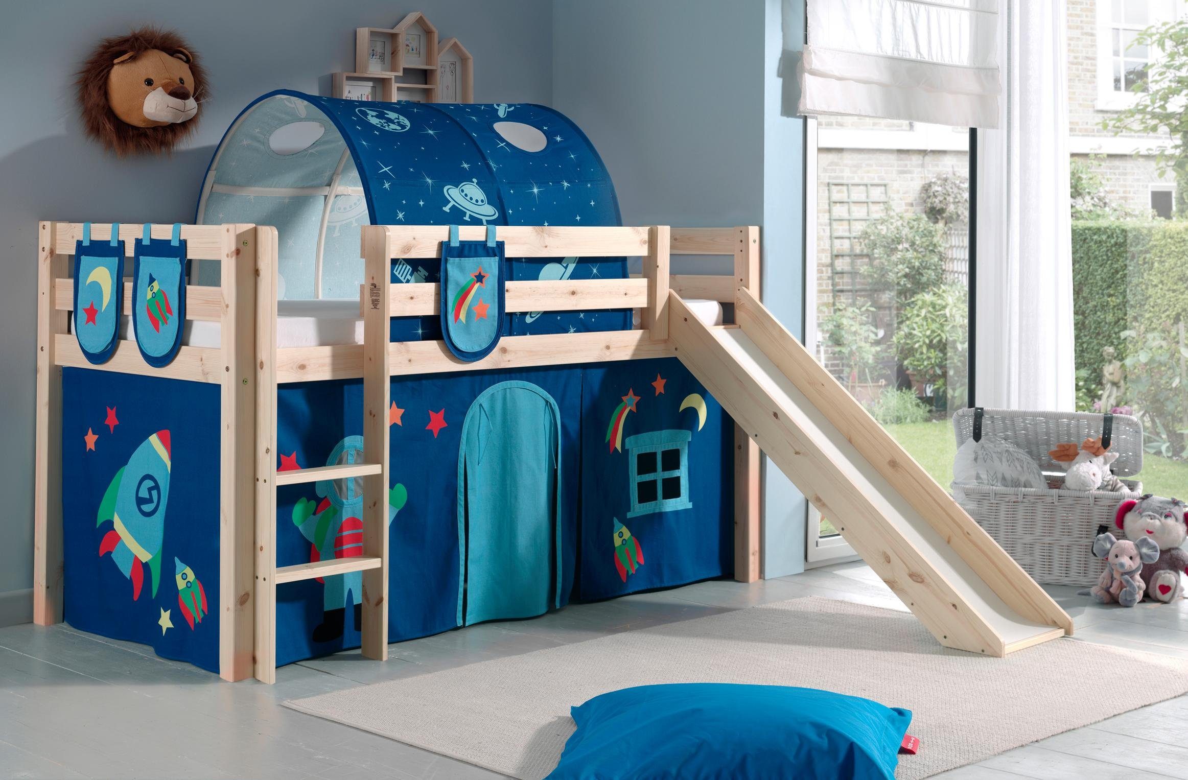 Vipack Hochbett Pino, Spielbett massiv Kiefer, stabil gebaut, 3 Korpusfarben zur Wahl (inkl. Rolllattenrost, Leiter und Absturzschutz, mit oder ohne Rutsche) Textil-Set "Astronaut", inkl. Vorhang, mit oder ohne Tunnel
