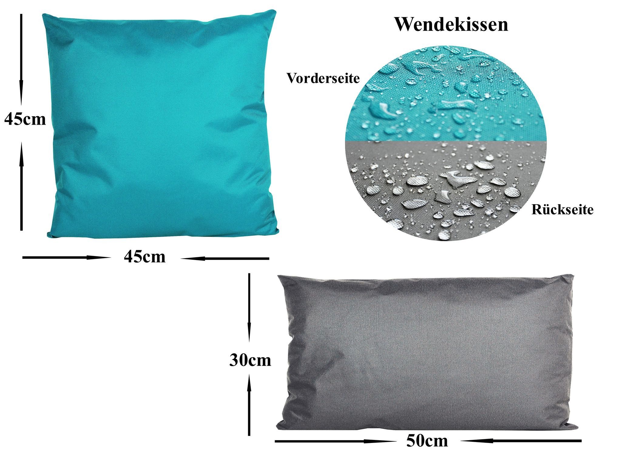 JACK Sitzkissen JACK 2er Set 2-farbiges Wende Outdoor Lounge Kissen 45x45cm + 30x50cm, inkl. Füllung, Robust, Strapazierfähig, Wasserfest, Innen & Außen