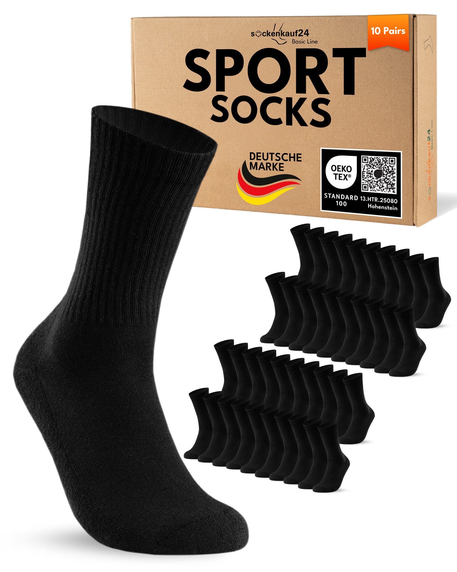 sockenkauf24 Sportsocken 10 Paar Tennissocken Damen & Herren Atmungsaktive Crew Socken (20-Paar) verstärkte Ferse & Fußspitze, gepolsterte Sohle, klimaregulierend