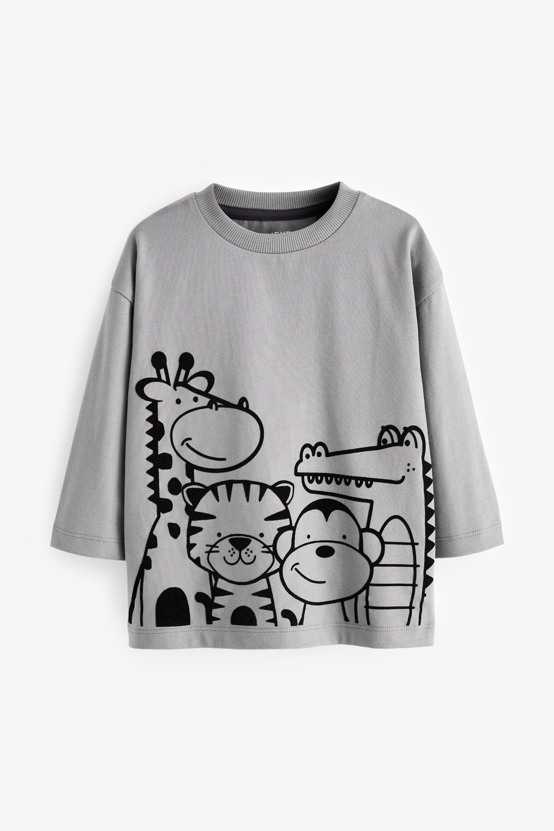 Leerung Next Langarmshirt Langärmeliges T-Shirt mit Grey Animals (1-tlg) Linear Motiv