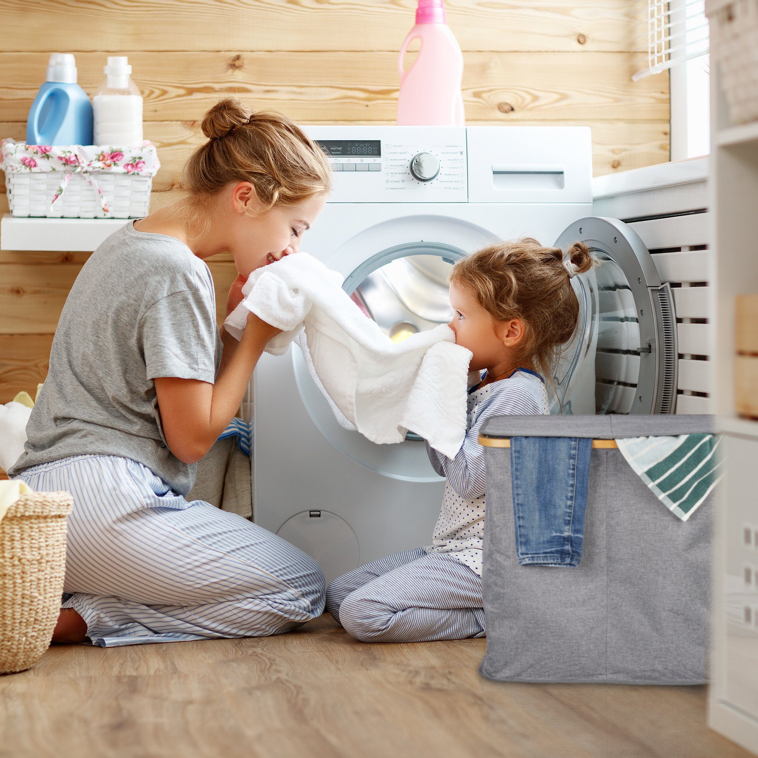 relaxdays Wäschekorb Doppel Wäschekorb mit Deckel grau
