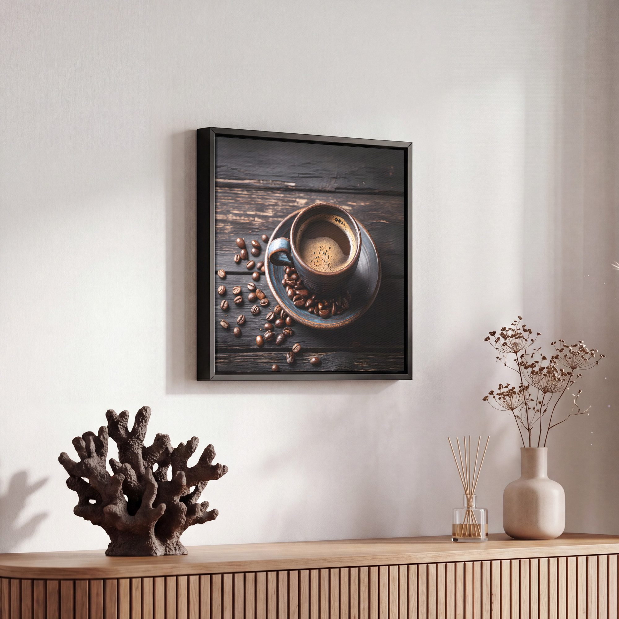 OneMillionCanvasses® Leinwandbild mit Rahmen - Tasse - Kaffee - Holz - Bohnen, Fotodruck (1 St), Wandbilder für Esszimmer, Wanddeko Bilder Küche, 20x20cm – Bild 5 von 5