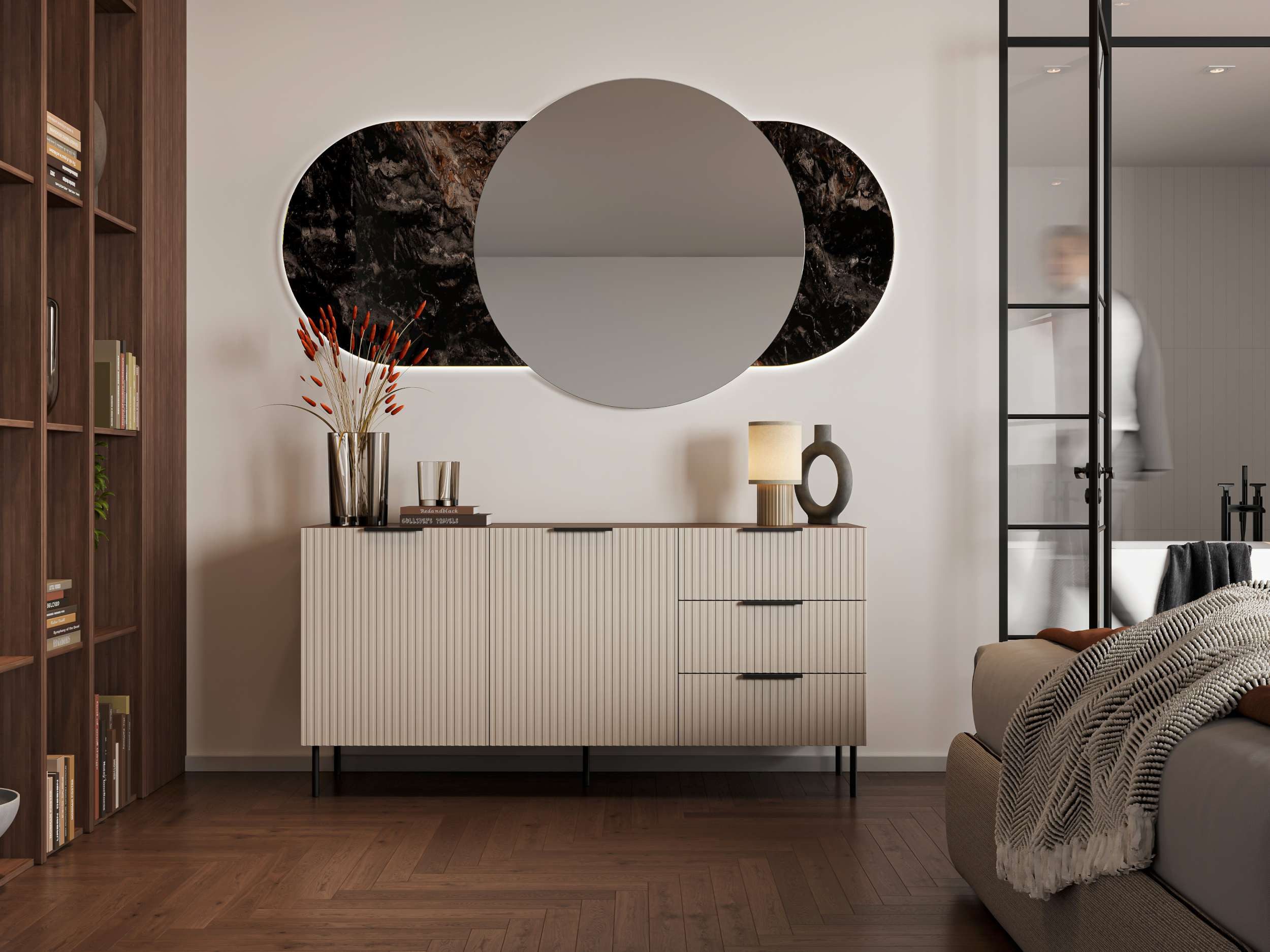 99rooms Kommode Amela (Sideboard, Highboard), mit 2 Türen, 3 Schubladen, aus Holzwerkstoff, Metall Füße & Griffe