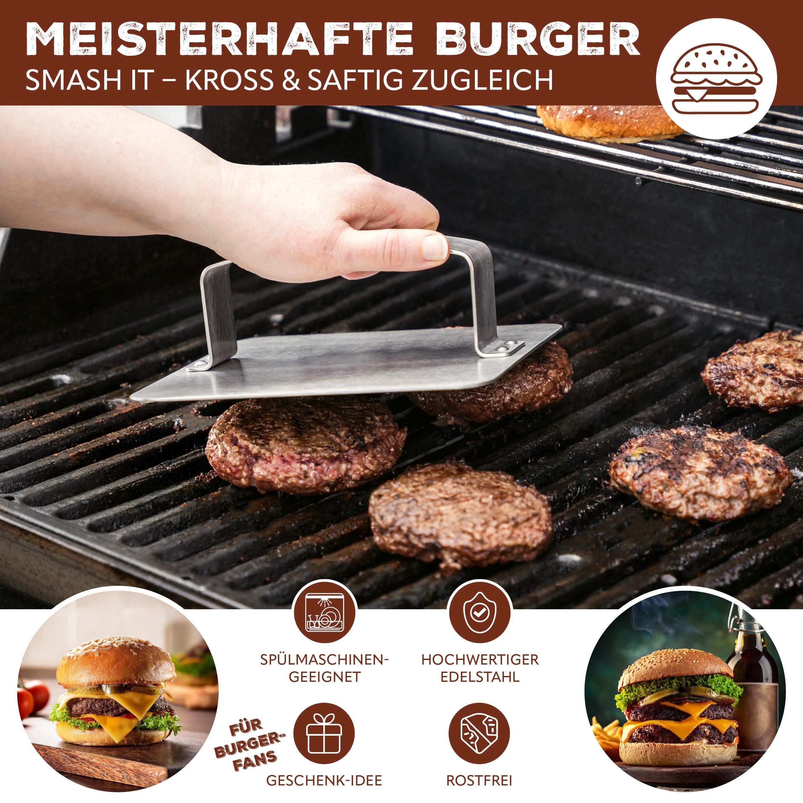 bremermann Burgerpresse Burgerpresse, Hamburgerpresse für Patties, Smash-Burger, Edelstahl (1 St), Edelstahl