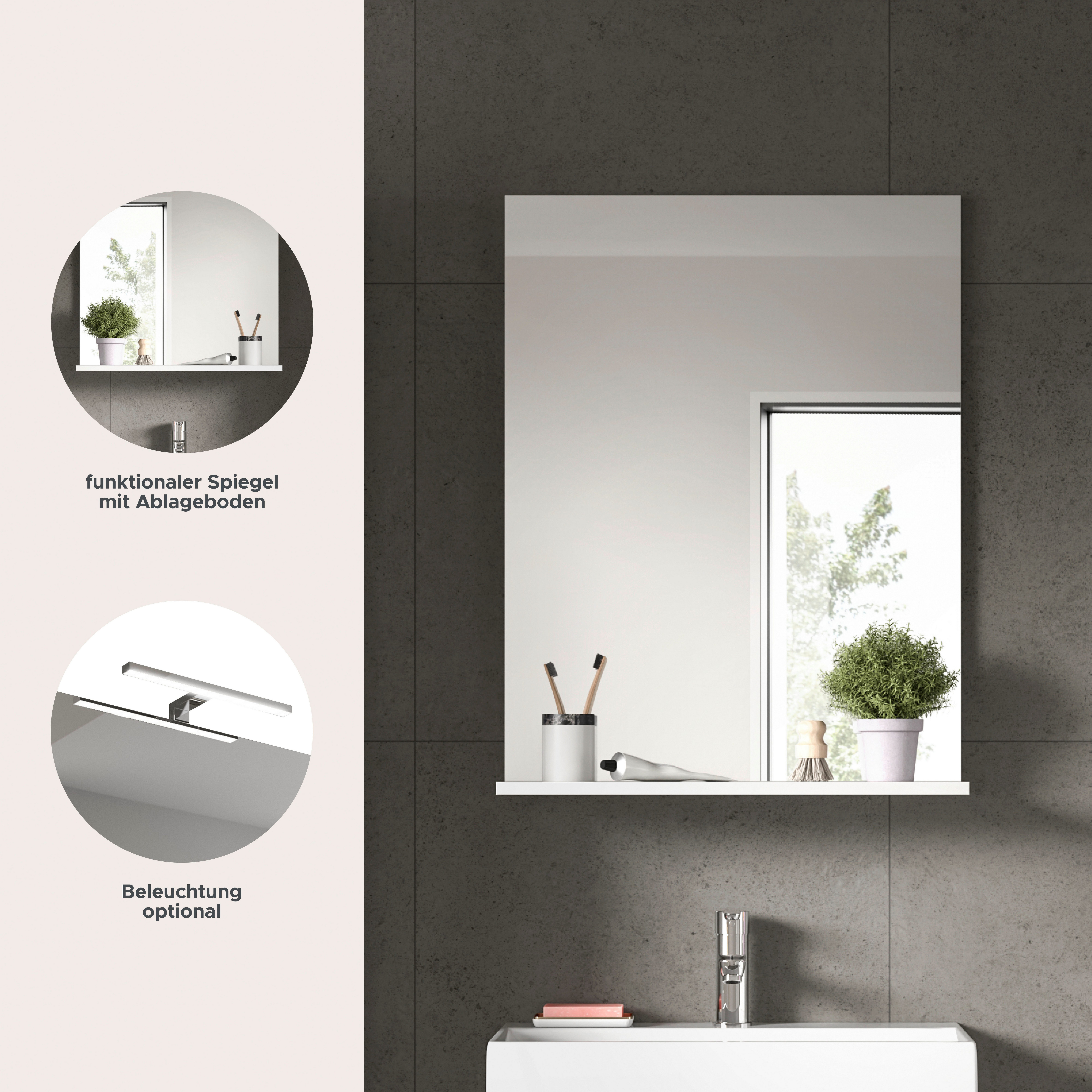 welltime Badspiegel SIENA, Breite 60cm, 1 Ablageboden, hochwertiges Spiegelglas (TOPSELLER), in verschiedenen Farben erhältlich, Badmöbel, Spiegel, Badezimmer
