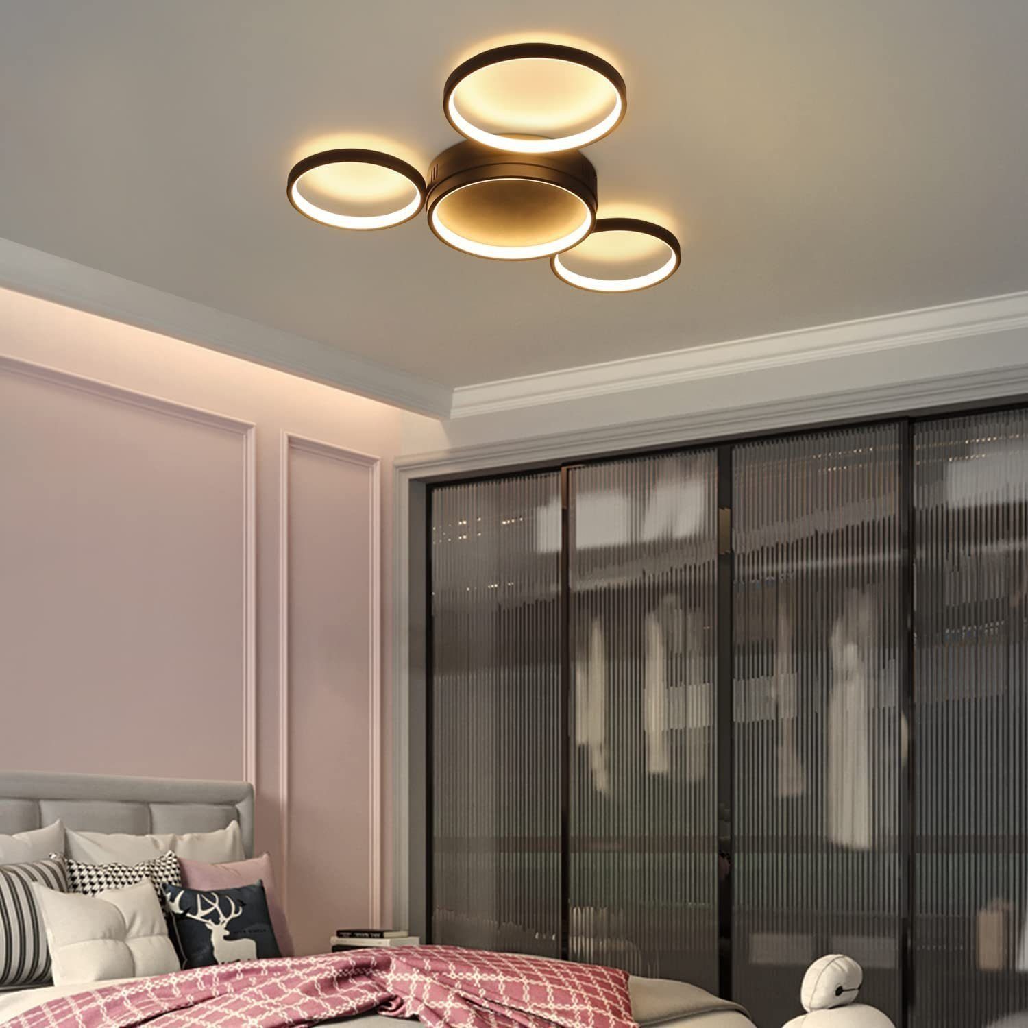 ZMH LED Deckenleuchte Wohnzimmer Deckenlampe - Schwarz Warmweiß Küchenlampen 29W, LED fest integriert, 3000k, mit 4 Ringe Design Wohnzimmerlampe Deko Schlafzimmerlampe