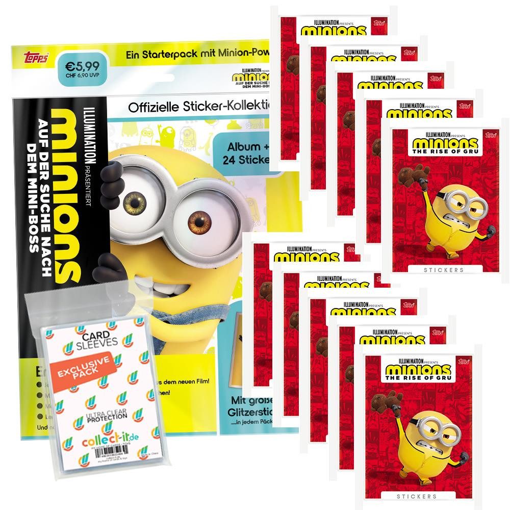 Minions Sammelkarte Minions Suche nach dem MiniBoss Sticker 1 Starter + 10 Tüten + Sleeves