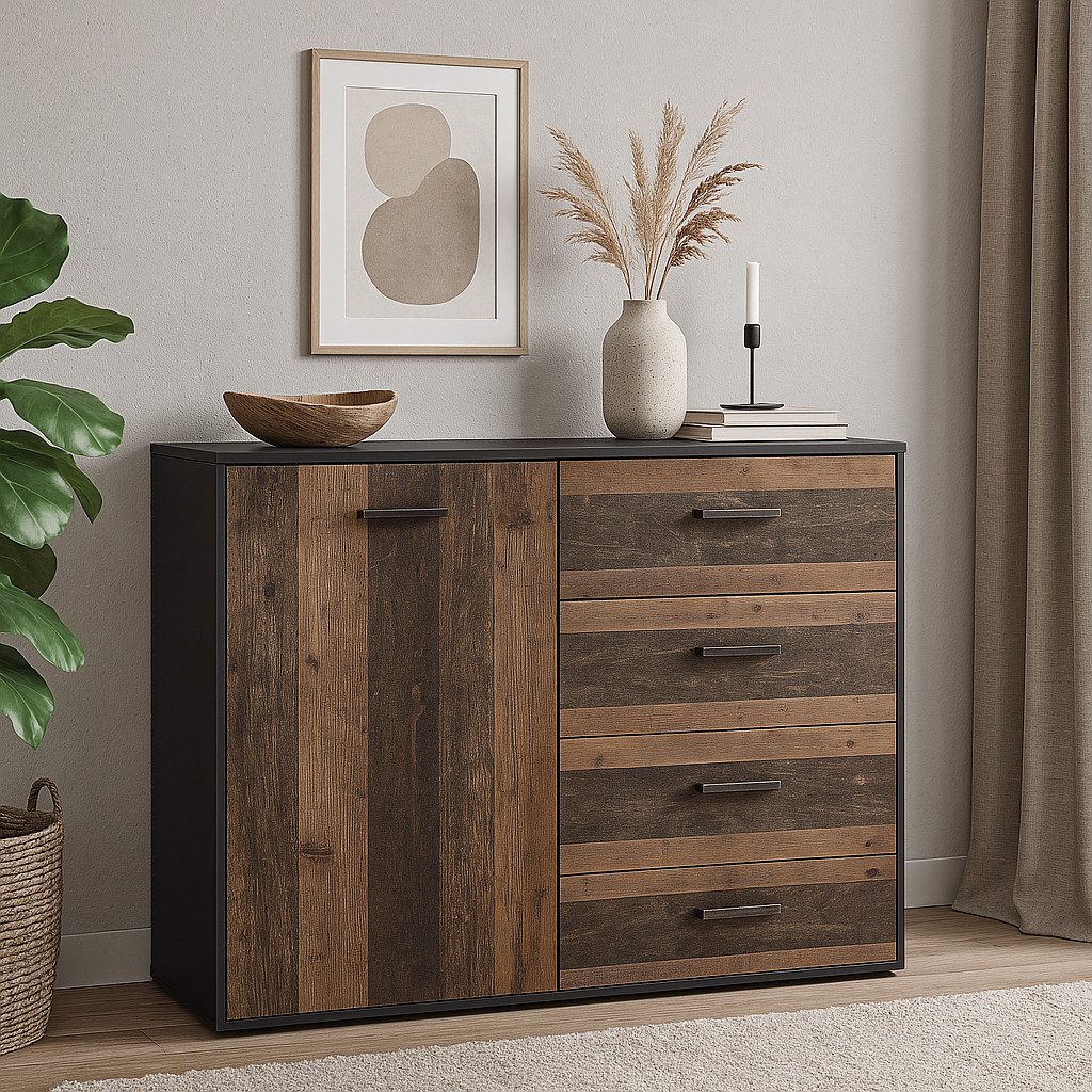 Mäusbacher Kommode in schwarzstahl / texas oak, Holzwerkstoff - 118x97x41cm (BxHxT)
