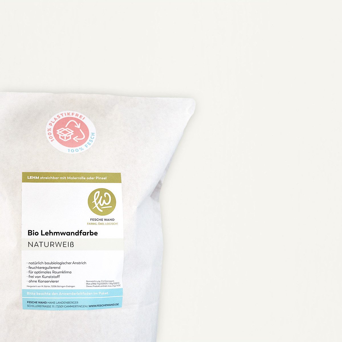 FESCHE WAND Farbig.Öko.Logisch Wandfarbe Bio Lehmwandfarbe, pulvrige Lehmfarbe zum Anrühren, 1 kg ergibt circa 1,6 Liter
