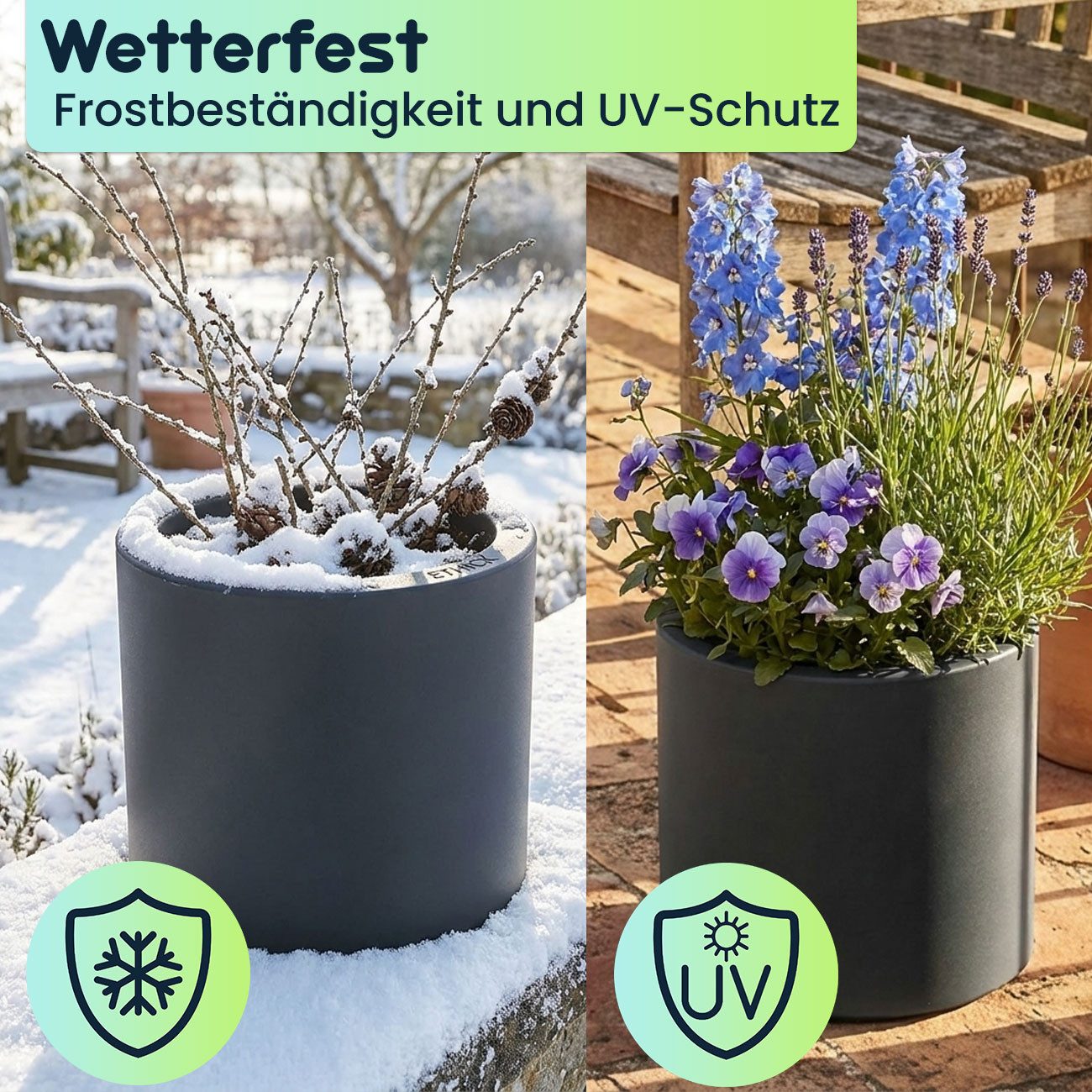 Prosperplast Blumentopf Pflanzkübel Anthrazit Ø38cm, 19L Blumentopf Kunststoff frostsicher (1 St), Runder 19L Kunststoff-Blumentopf UV-Schutz & Wasserauslass für außen