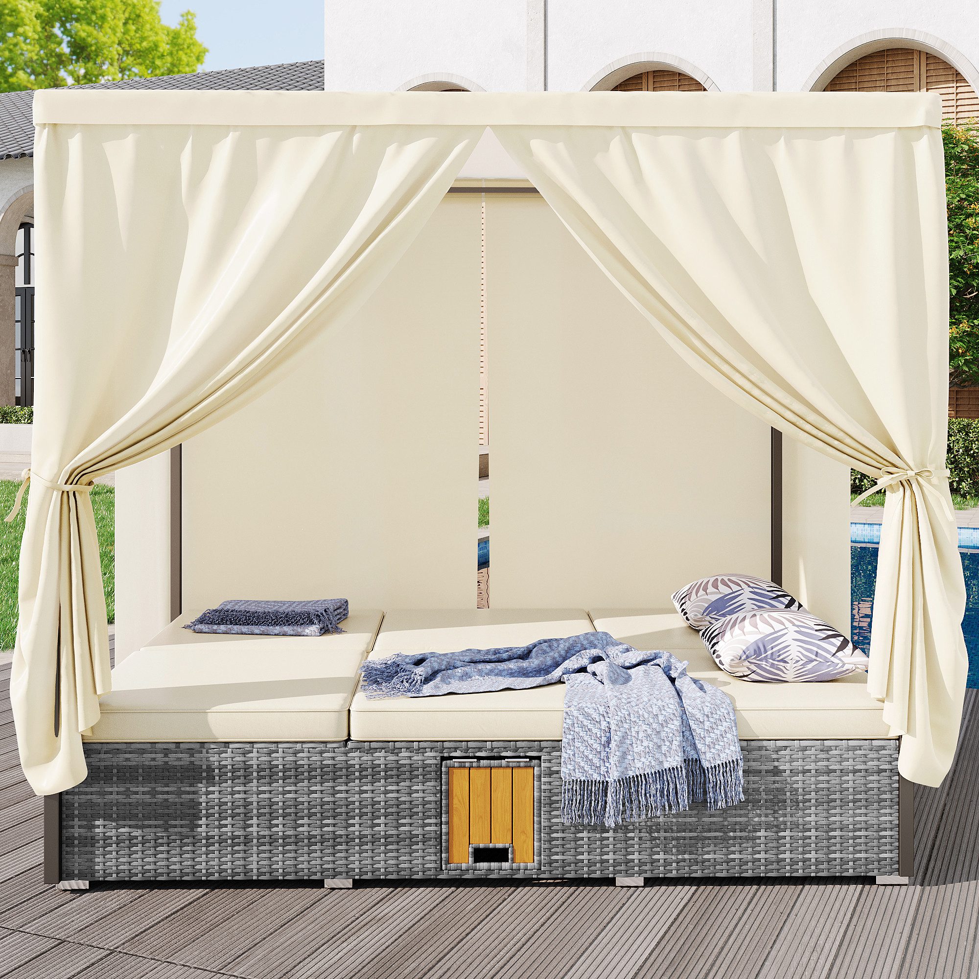 Celya Gartenliege Doppelbett,Rattanliege mit Schattenvorhang und Klapptisch,Gartenmöbel, wetterfest, klappbar,6 Kissen und 2 Zierkissen, für Lounge, Balkon und Garten,Beige