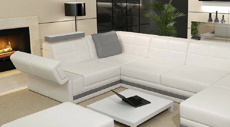 Couch Hocker Polster U Form Weiß Sofa Ledersofa + Wohnlandschaft Ecksofa JVmoebel Ecksofa,