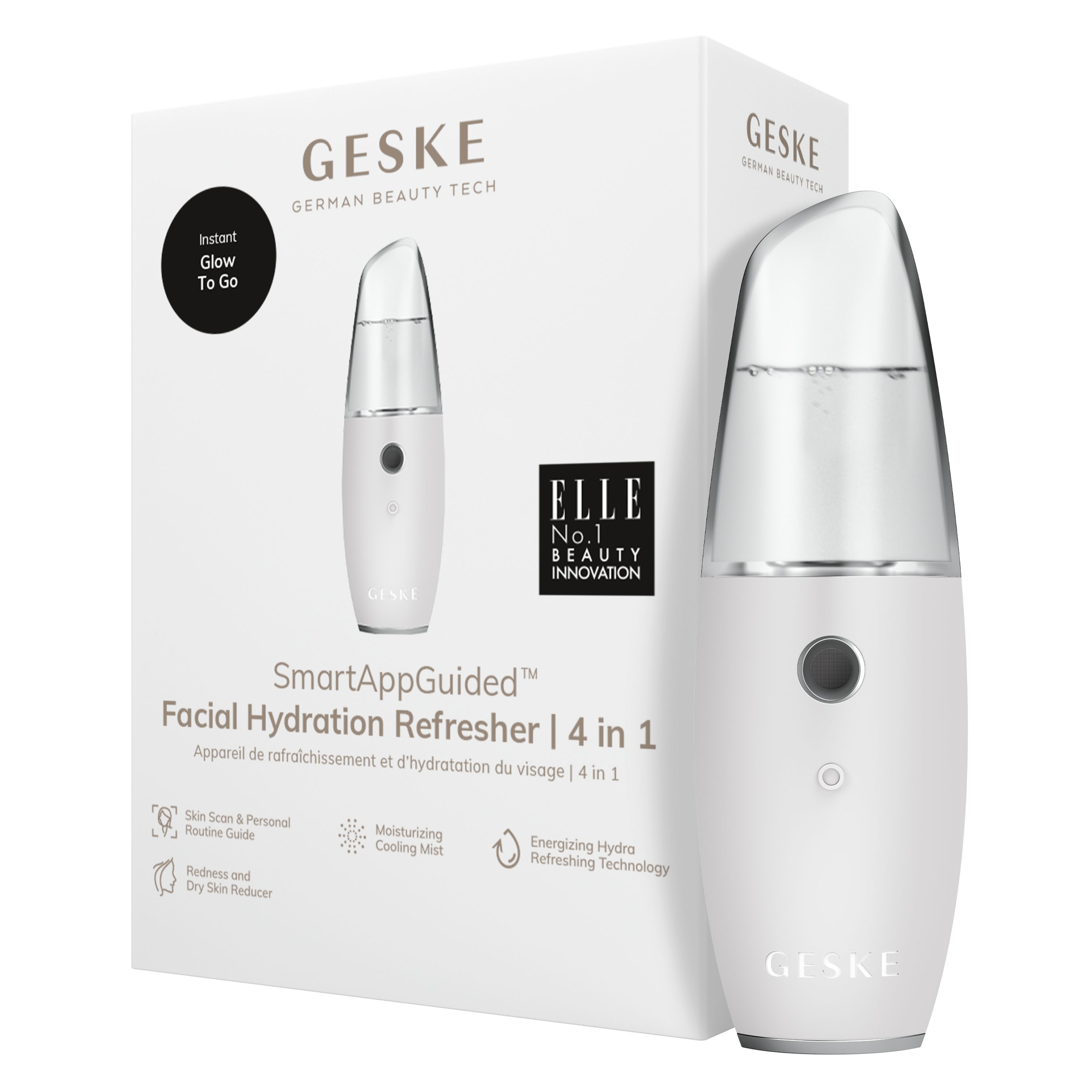 GESKE German Beauty Tech Enhancer SmartAppGuided™ Facial Hydration Refresher 4 in 1, Packung (Gerät & USB-Ladekabel), 2-tlg., Gerät inkl. kostenloser APP (SmartAppGuided Device), Mit der GESKE App erhältst Du deine personalisierte Hautpflegeroutine. White