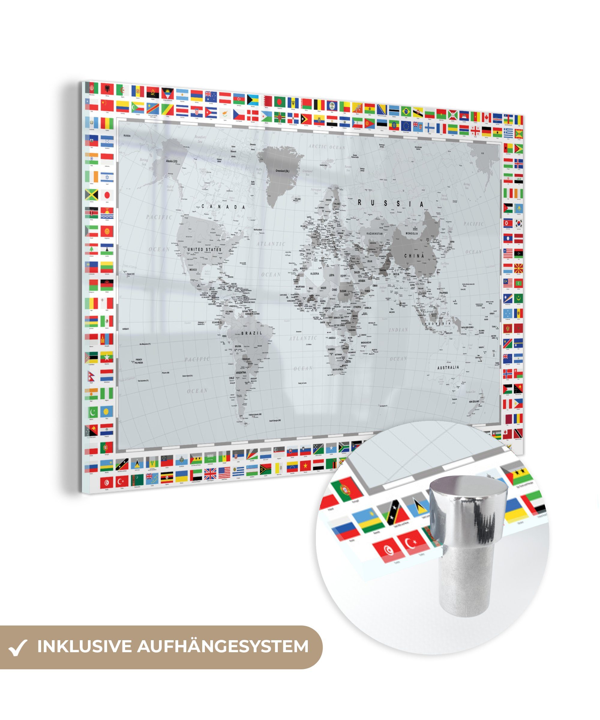 MuchoWow Acrylglasbild Weltkarte - Flagge - Schwarz - Weiß, (1 St), Glasbilder - Bilder auf Glas Wandbild - Foto auf Glas - Wanddekoration