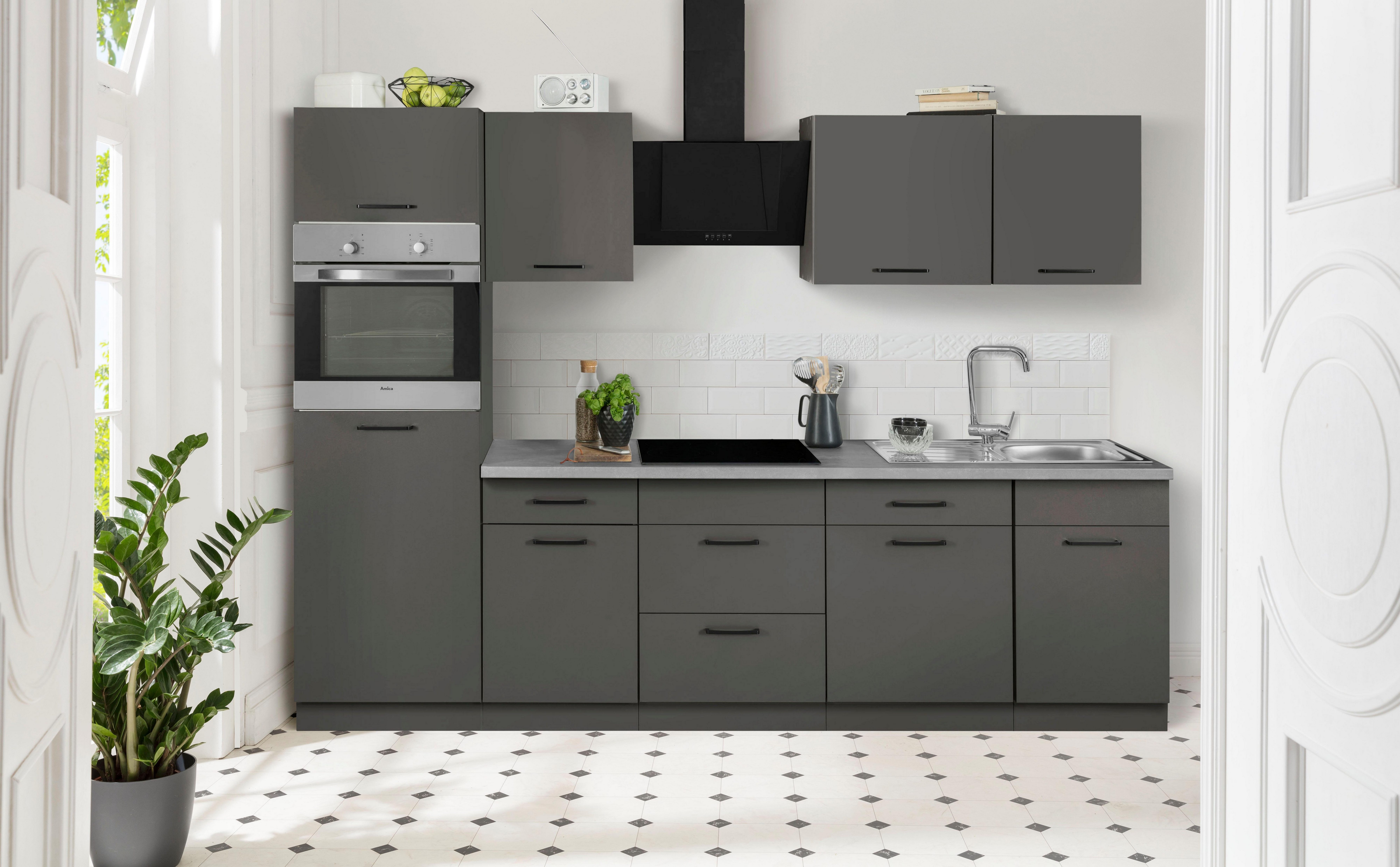 wiho Küchen Küchenzeile Esbo, mit E-Geräten, Breite 280 cm, Laufleisten der  Schubkästen aus Metall