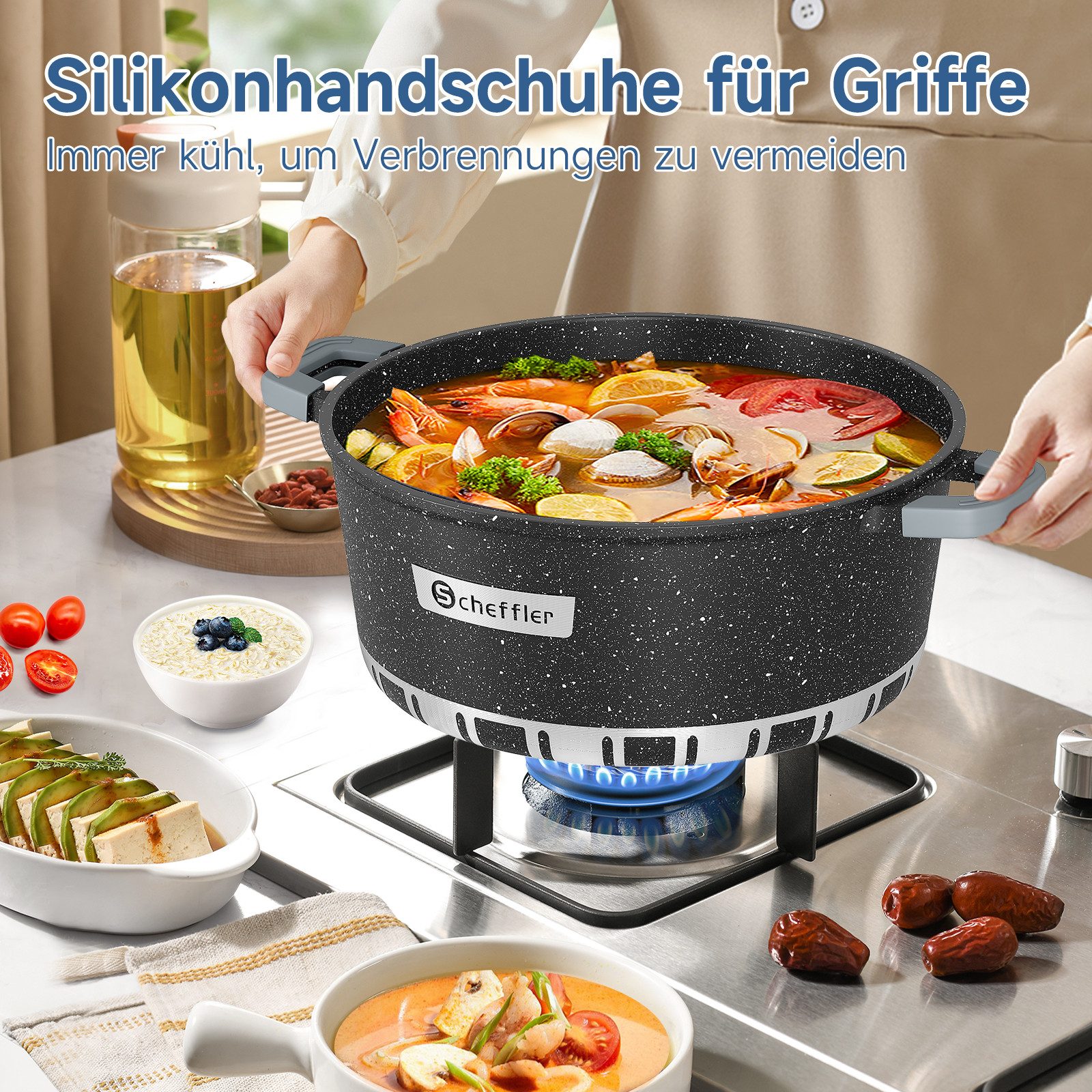 Scheffler Suppentopf 4/6/8/10/12,5/15 L Topf Induktions Antihaft Kochtopf mit Glasdeckel, Aluminium (für alle Herdarten), induktionsgeeignet