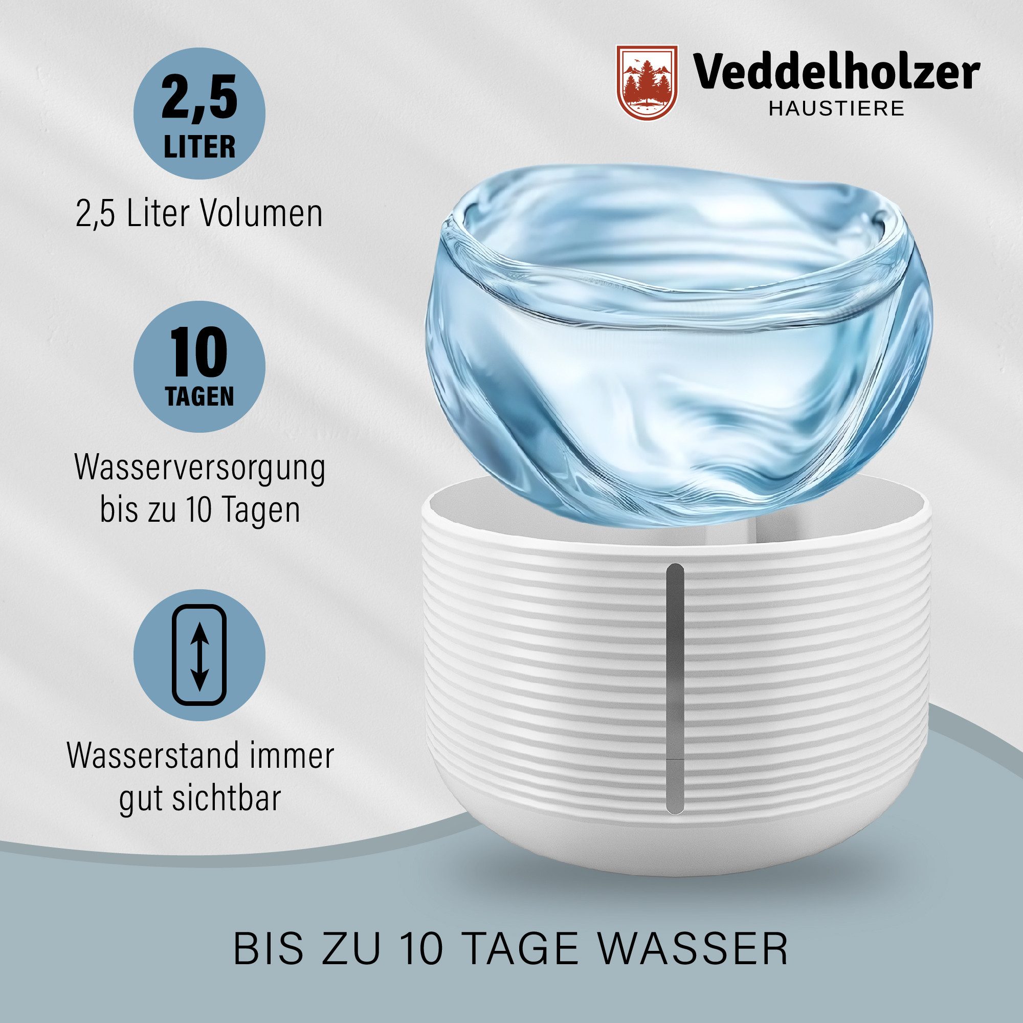 Veddelholzer Trinkbrunnen 2,5 Liter stylischer automatischer Katzenbrunnen mit eingebauter LED 2.5 l, BPA frei-4 Fach Filter extrem leiser Trinkbrunnen