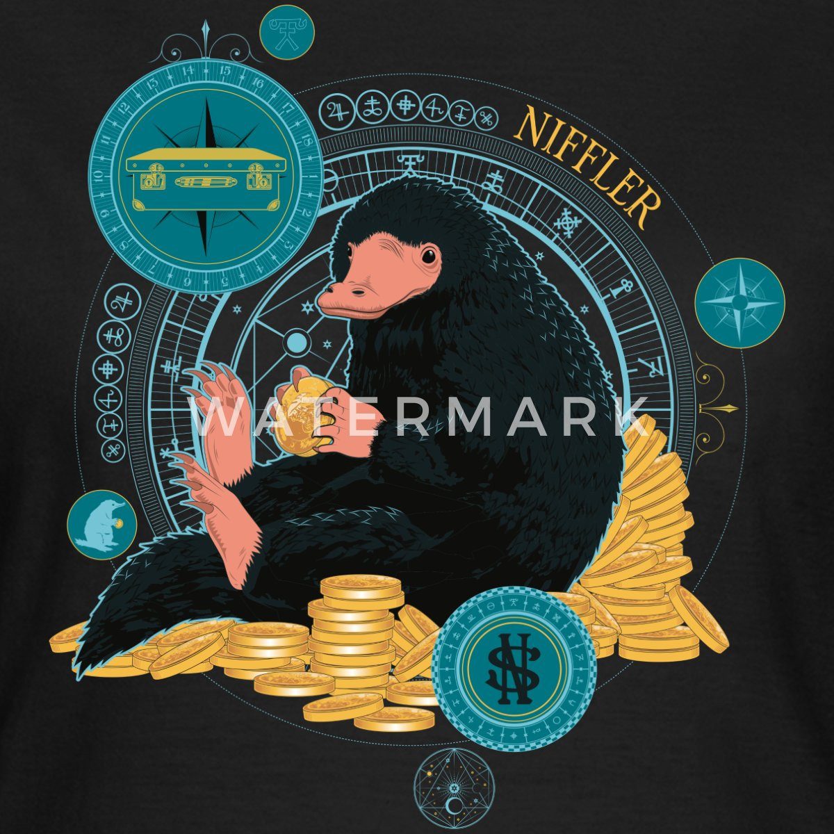Spreadshirt T-Shirt Phantastische Tierwesen Niffler mit Münzen Frauen T-Shirt (1-tlg)