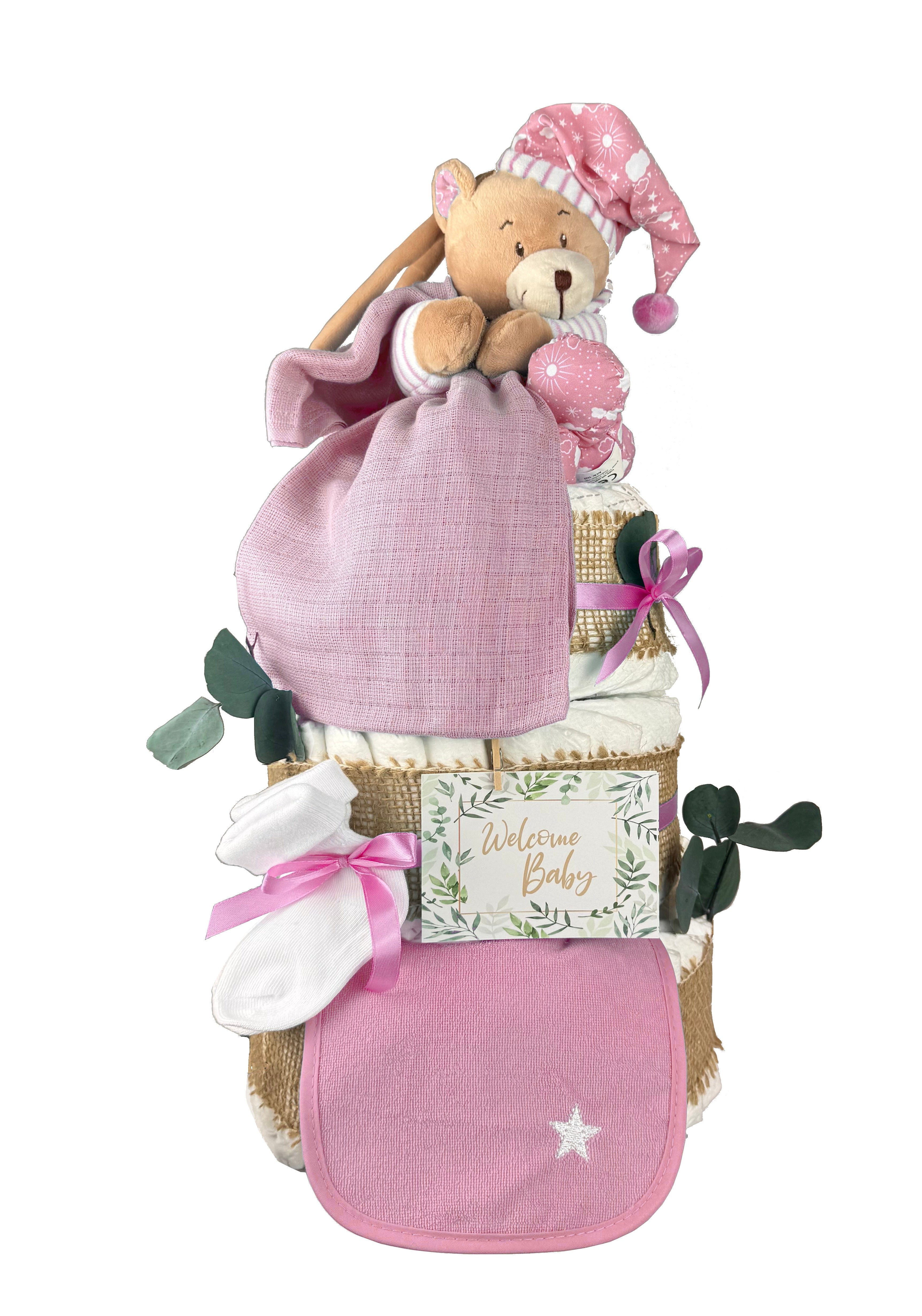 dubistda-WINDELTORTEN- Neugeborenen-Geschenkset Große Windeltorte (Spieluhr Teddybär, Musselintuch & Lätzchen, blau oder rosa) mit Trockenblumen und Eukalyptus