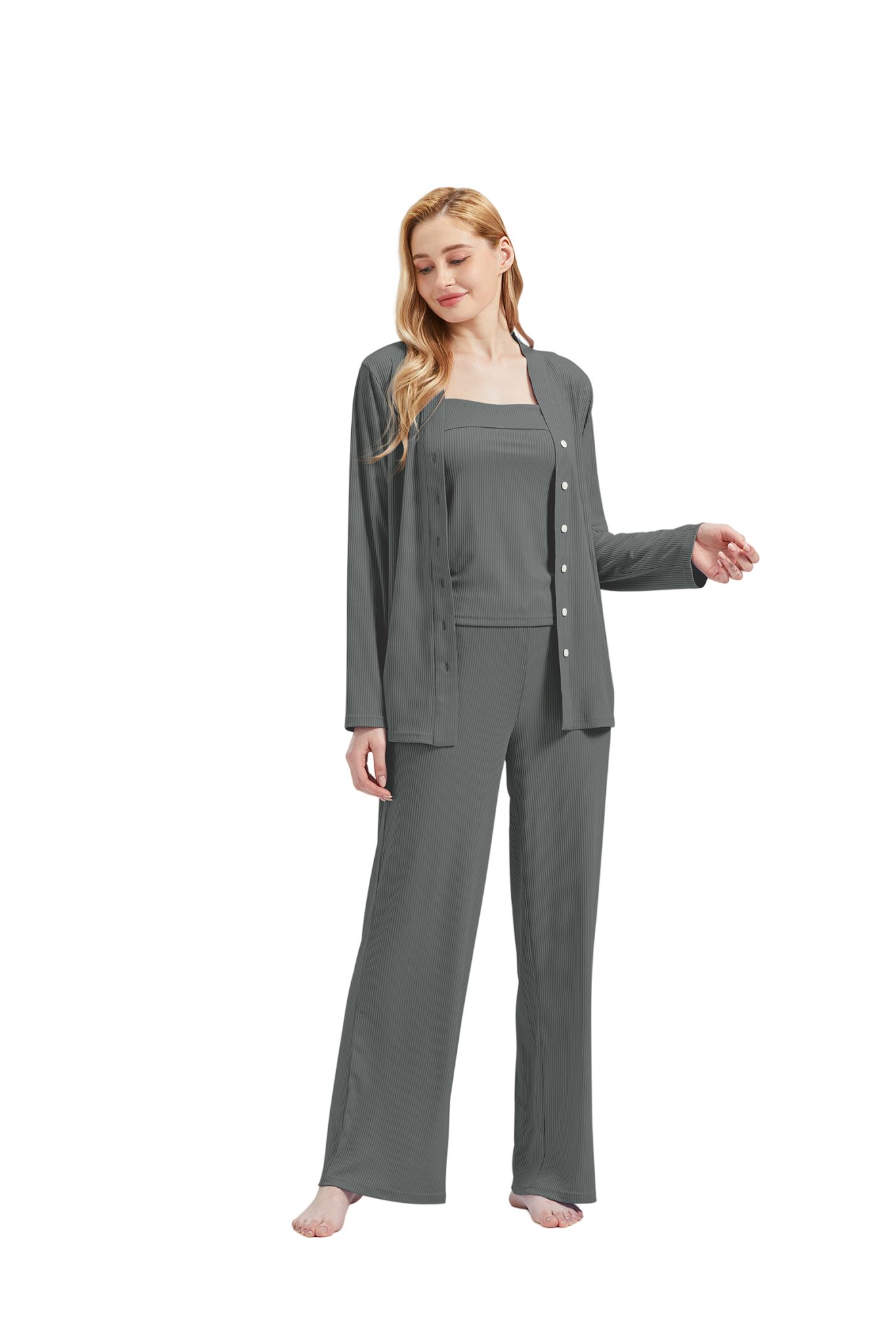 M-Diamant Schlafanzug Damen Pyjama-Set Damenwäsche V-Ausschnitt 3 teilig (Set, 3 tlg) 3-teiliges Set: Jacke mit V-Ausschnitt und Knöpfen, Trägertop und Hose – Bild 2 von 5