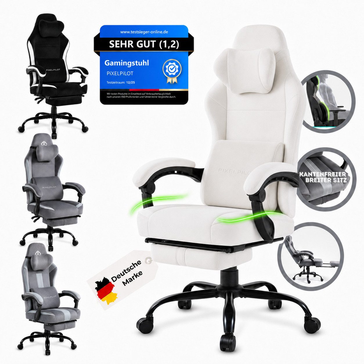 PixelPilot Gaming-Stuhl Ergonomischer Gaming-Stuhl, breite Sitzfläche, Fußstütze, bis 150 kg, Atmungsaktiver Stoff, Ergonomisches Design