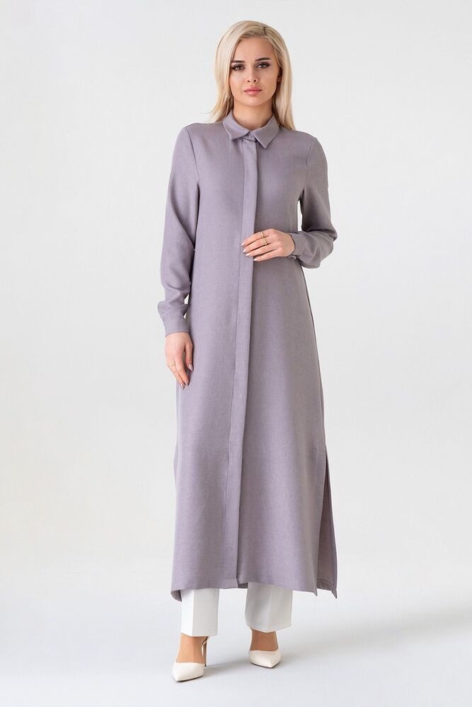 fashionshowcase Longtunika Damen lange Tunika verdeckte Knopfleiste Modest elastisch elegant minimalistischer Look, fließender Fall, ideal für Modest Outfits