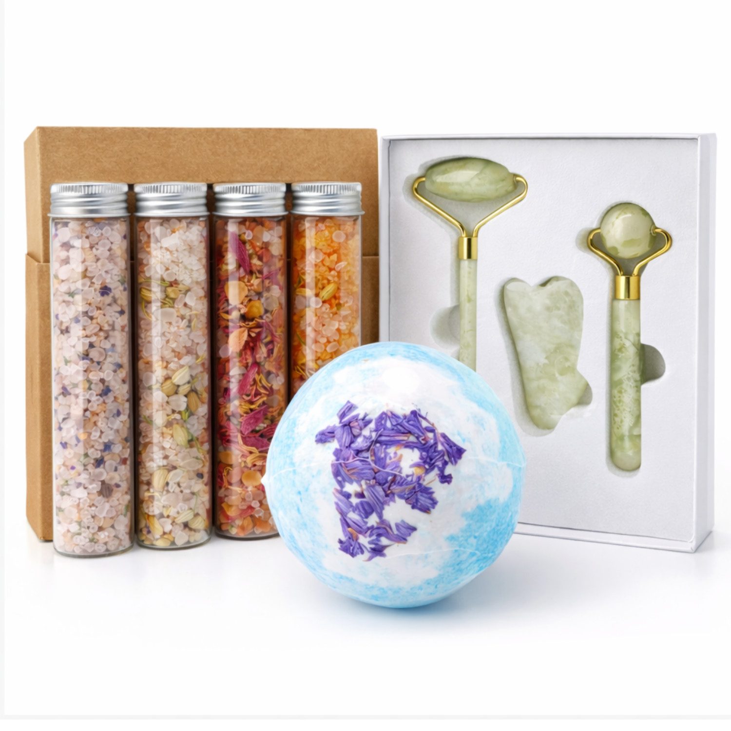 Quality Elegance Pflege-Geschenkset Wellness Geschenkset mit Jade Roller, Gua Sha, Badesalz & Badebombe Set, 8-tlg., 1xBadesalz set, 1xJade Gesichtsmassage Set, 1 st. Badebombe