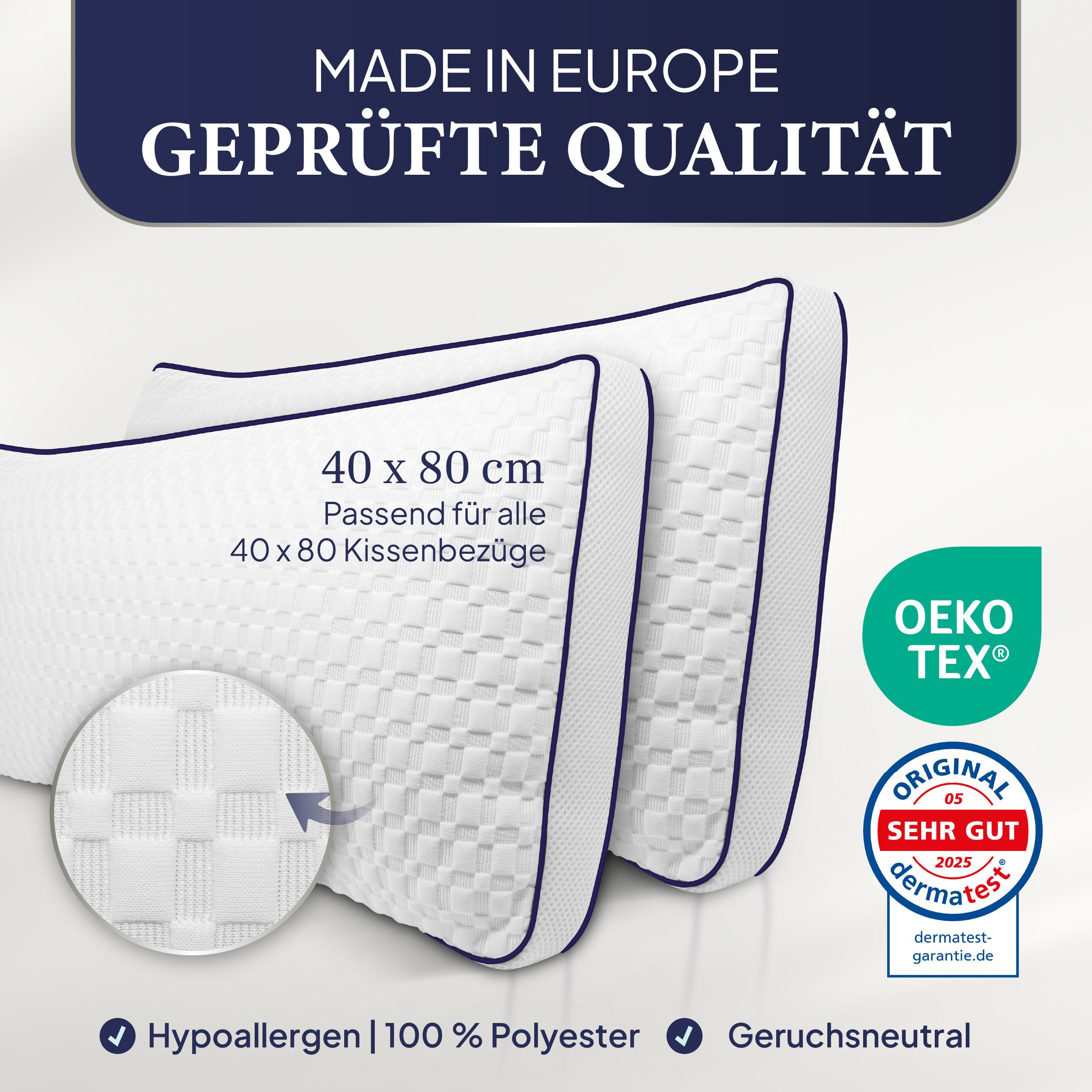 Gentle North Microfaserkissen Hochwertige Kopfkissen in Hotelqualität verschiedene Größen, Füllung: 100% Polyester, Seitschläfer, Rückenschläfer, Seitenschläfer, Bauchschläfer, 1- oder 2-tlg., Reißverschluss für Füllung, waschbar, Made in EU, allergikerfreundlich