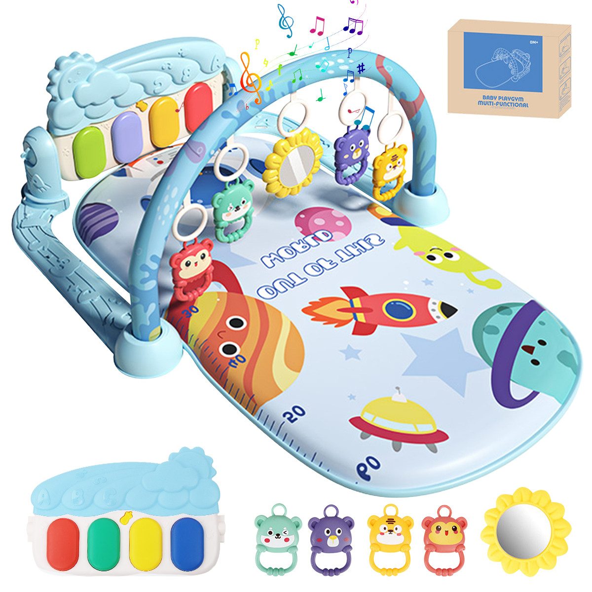 MOPUEA Spielbogen Spieldecke mit Musik und Lichtern Spielmatte mit weichem Spielbogen, (Baby Spielmatte Fitnessdecke mit Klavierbogen Lernspielzeug Set, Baby Gym Spielmatte mit Musik Klavierbogen fördert Motorik und Sinne), Sicherer Stoff weiche Matte abnehmbare Spielzeuge Musik 5 Modi Pflege