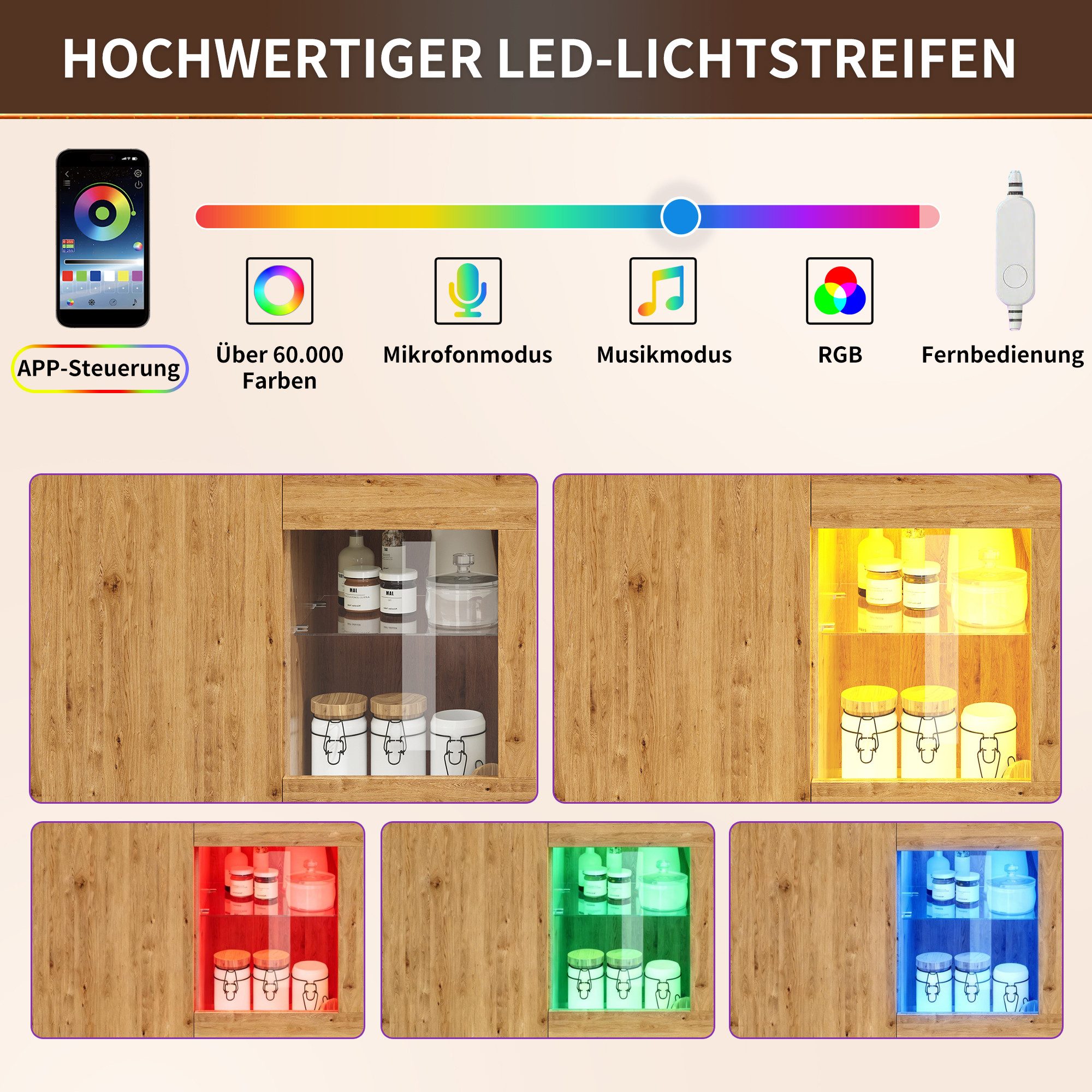 Odikalo Kücheninsel mit LED ausziehbarem Tisch & Stauraum, (mit LED-Beleuchtung (App-Steuerung), Eichen-Optik, Stauraum, Schubladen, Glastür, für Esszimmer & Küche)