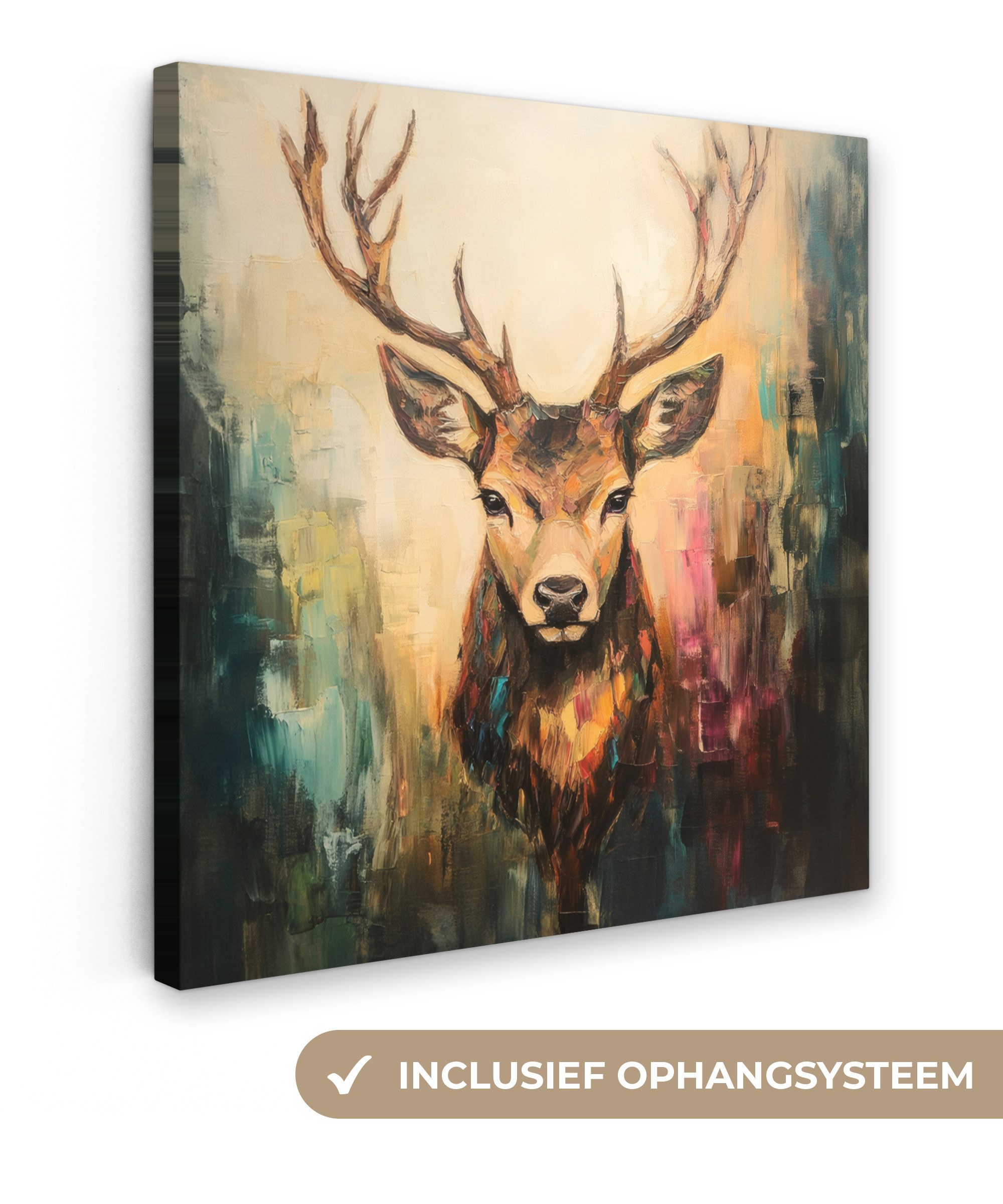 OneMillionCanvasses® Leinwandbild Hirsch - Gemalt - Geweih - Braun, Fotodruck (1 St), Wandbild, Deko Schlafzimmer Wohnzimmer Flur 20x20 cm