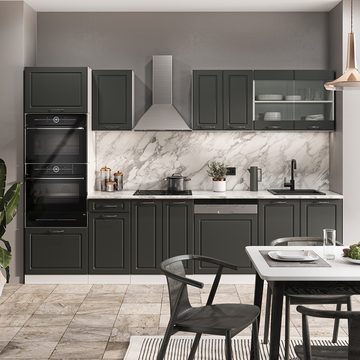 Livinity® Küchenzeile R-Line, Anthrazit Landhaus/Weiß, 300 cm mit Hochschrank, AP Eiche