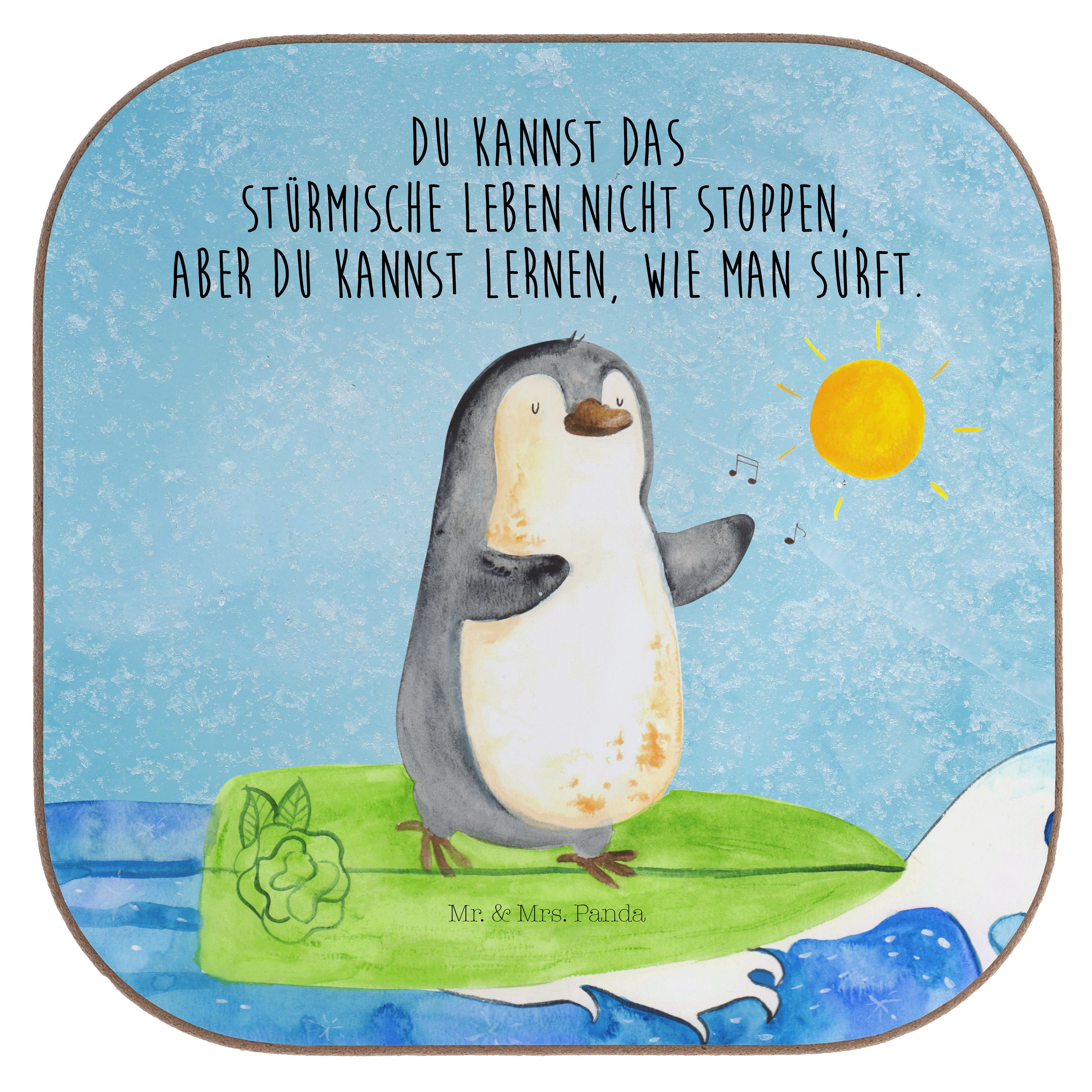 Mr. & Mrs. Panda Getränkeuntersetzer Pinguin Surfer - Eisblau - Geschenk, Wellen reiten, Wellen, Glasunter, 1-tlg.