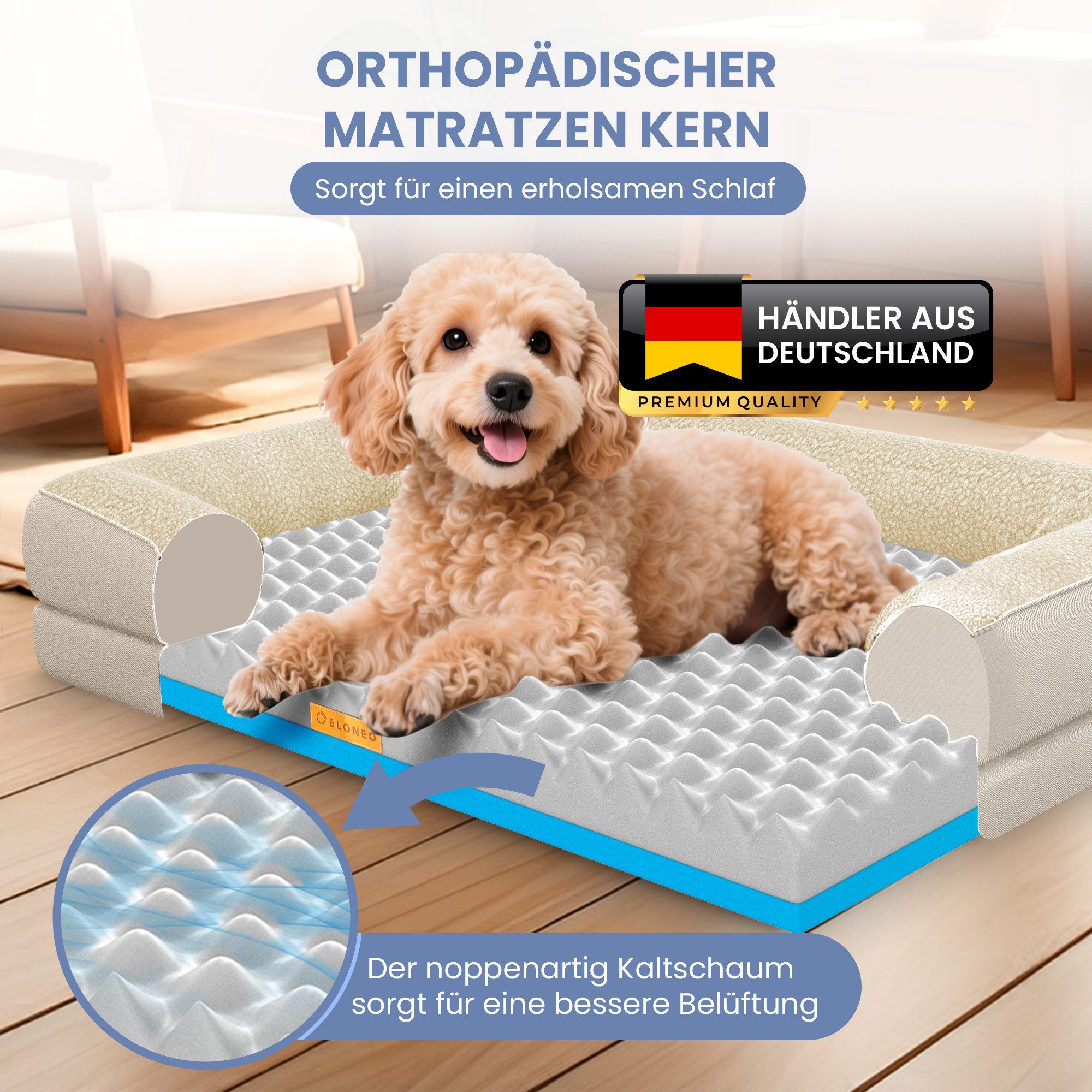 ELONEO Hundebett ELONEO - Orthopädisches Premium Hundebett, gelenkschonend, waschbar, Aus kuscheligem Sherpa-Fleece und strapazierfähigem Sofastoff