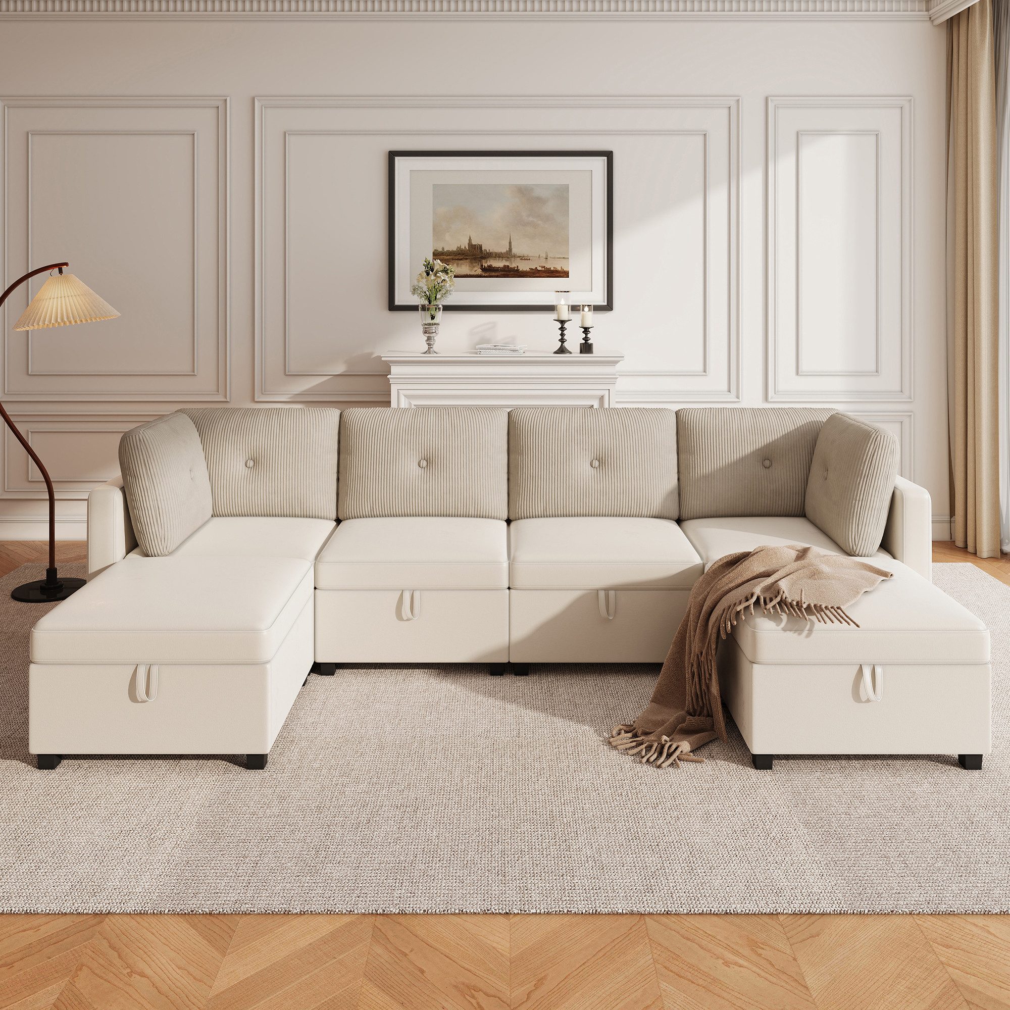 MODFU Ecksofa Modulares Ecksofa im Kontrastdesign Samt/Cord 261x132,5x85cm, Hochdichter Schaumstoff, L-Form & Liegebett möglich 1 Teile, U-Form mit Stauraum, flexibel umwandelbar
