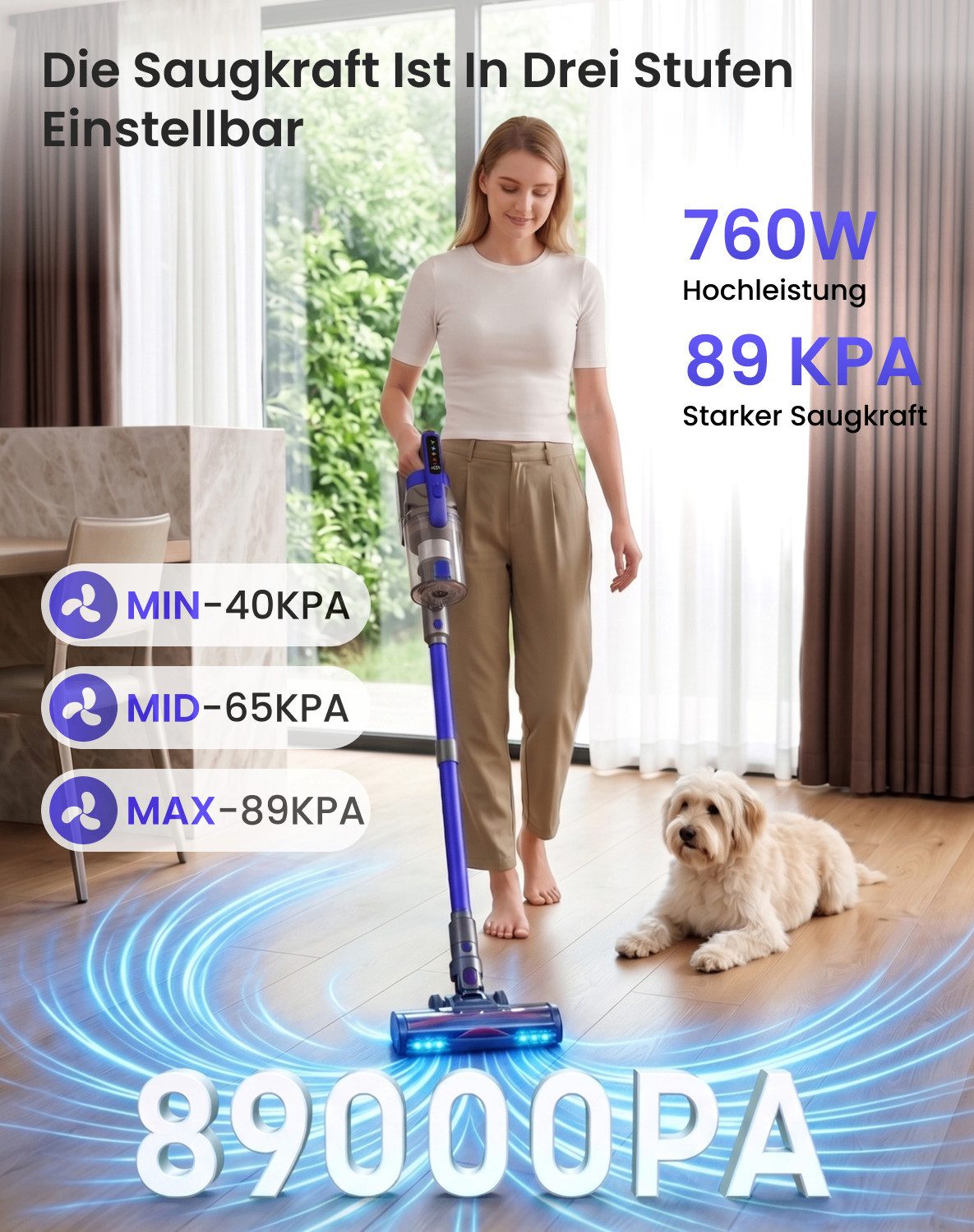 ZOOMCAT Akku-Stielstaubsauger Hand- und Stiel-Staubsauger Kabellos,89KPA/760W/70Mins akkustaubsauger, 760 W, beutellos, V‑förmige Antitangle‑Bürste, Flexibler Bürstenkopf, Kabellos & leicht