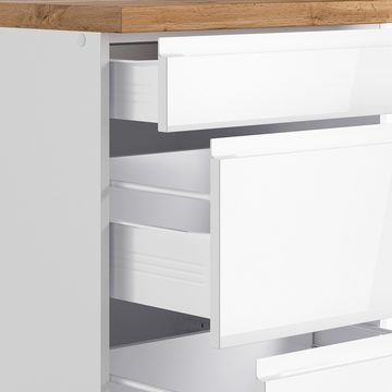 Lomadox Küchenzeile MARSEILLE-03, Fronten Hochglanz weiß, Arbeitsplatte Eiche, 300cm, ohne E-Geräte